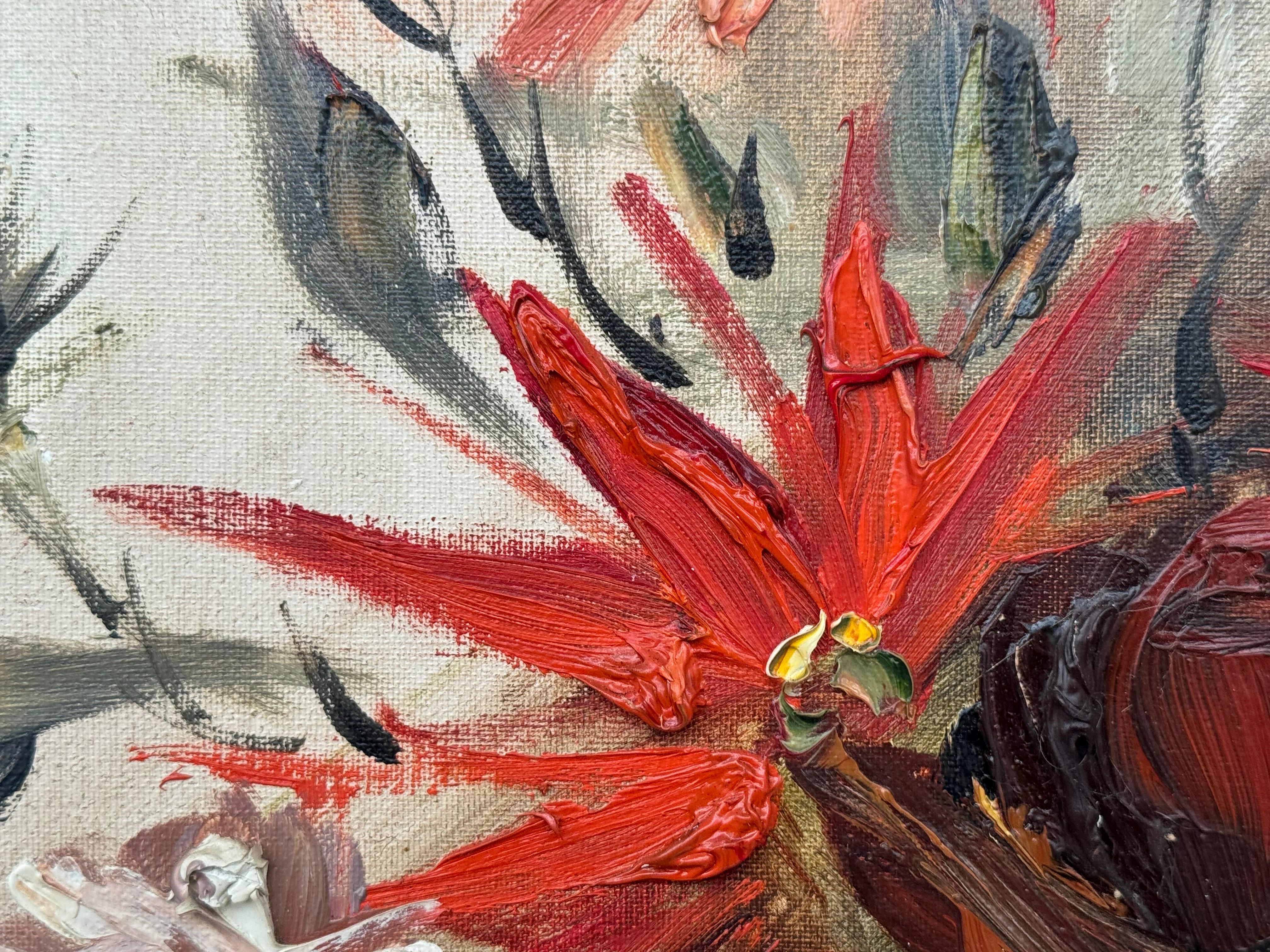 Vintage Impasto-Ölgemälde eines üppigen Straußes aus feuerroten und korallenroten Blumen im Angebot 13