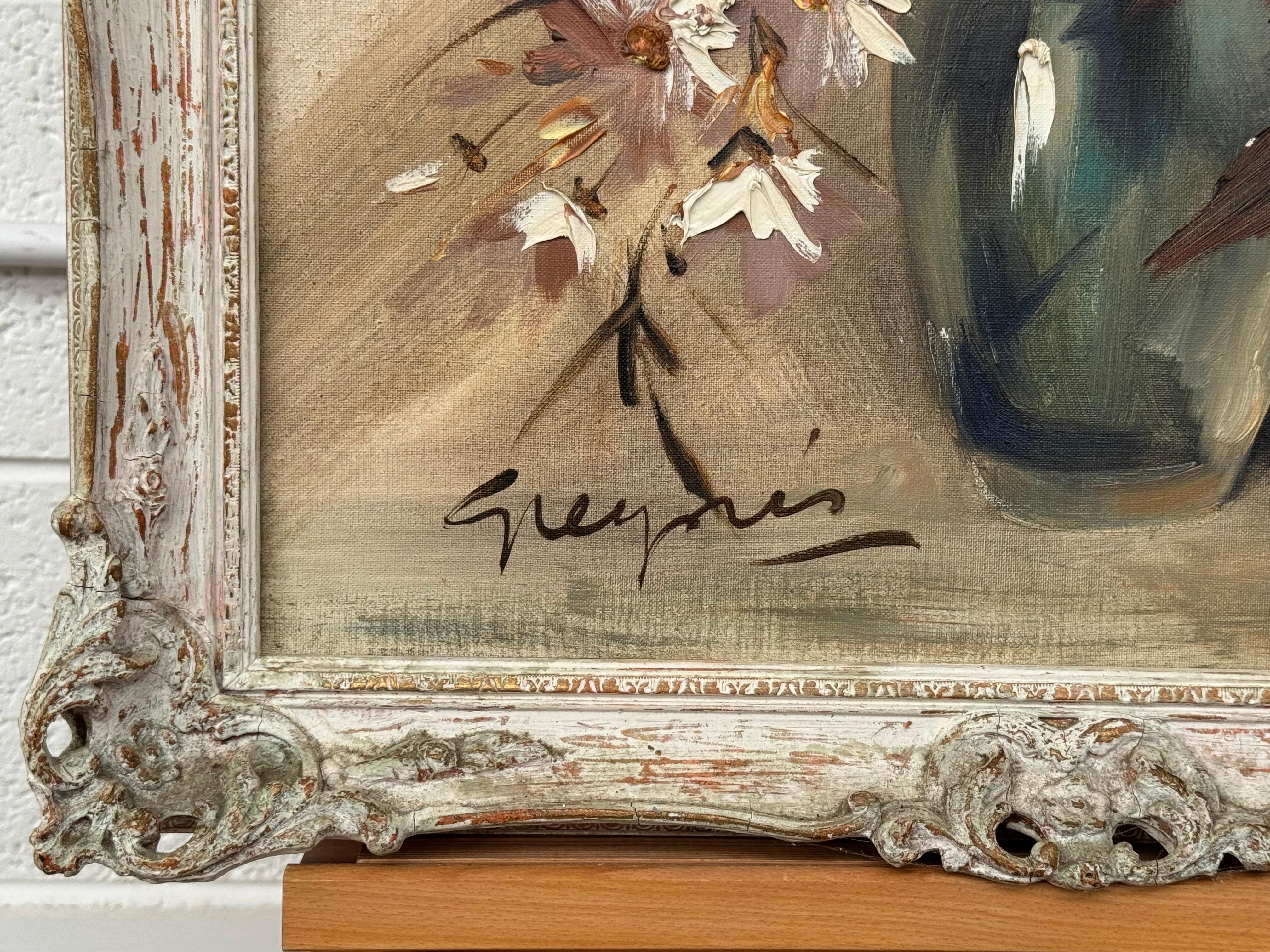 Vintage Impasto-Ölgemälde eines üppigen Straußes aus feuerroten und korallenroten Blumen – Painting von Greynis