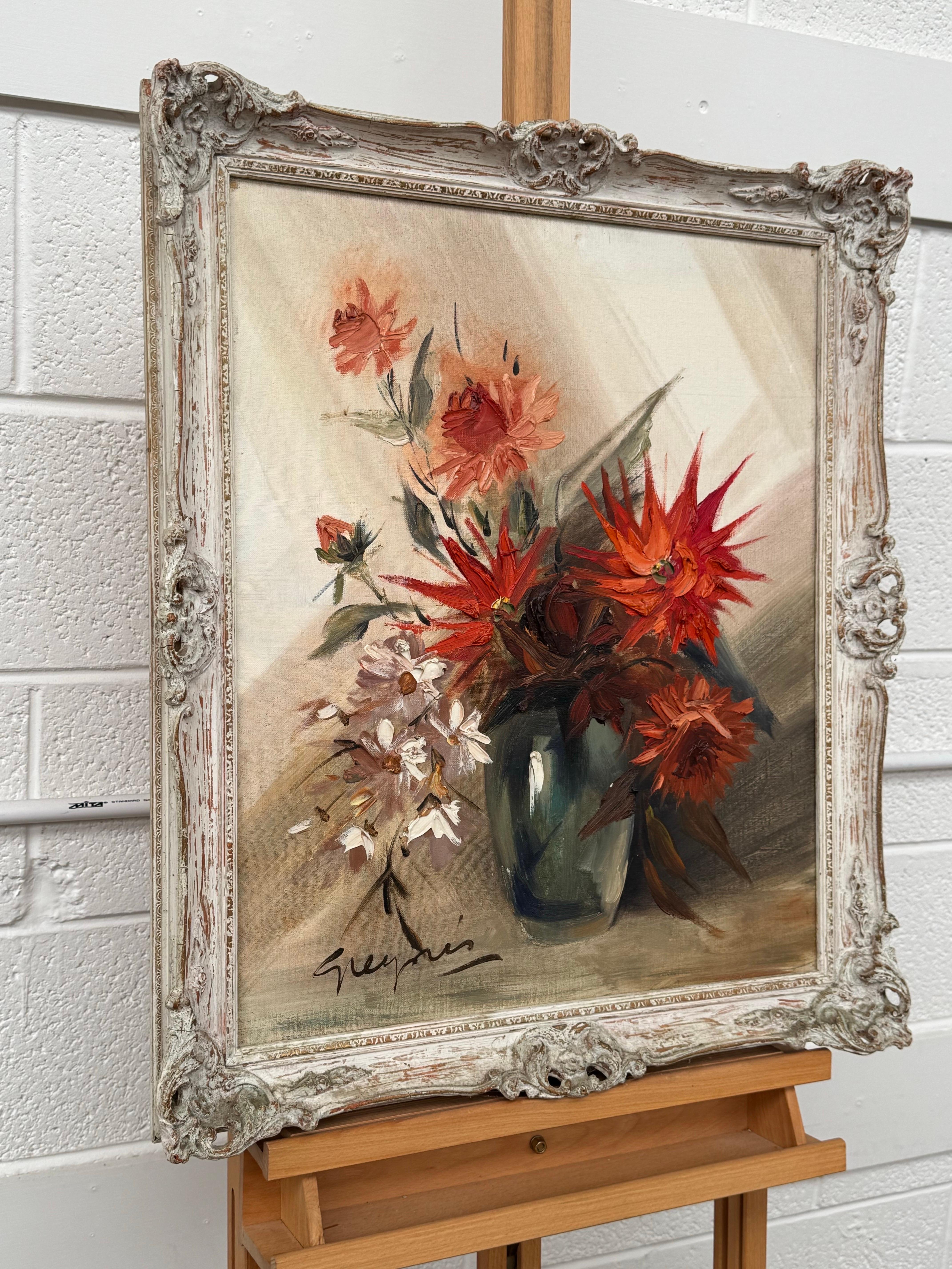 Vintage Impasto-Ölgemälde eines üppigen Straußes aus feuerroten und korallenroten Blumen (Post-Impressionismus), Painting, von Greynis