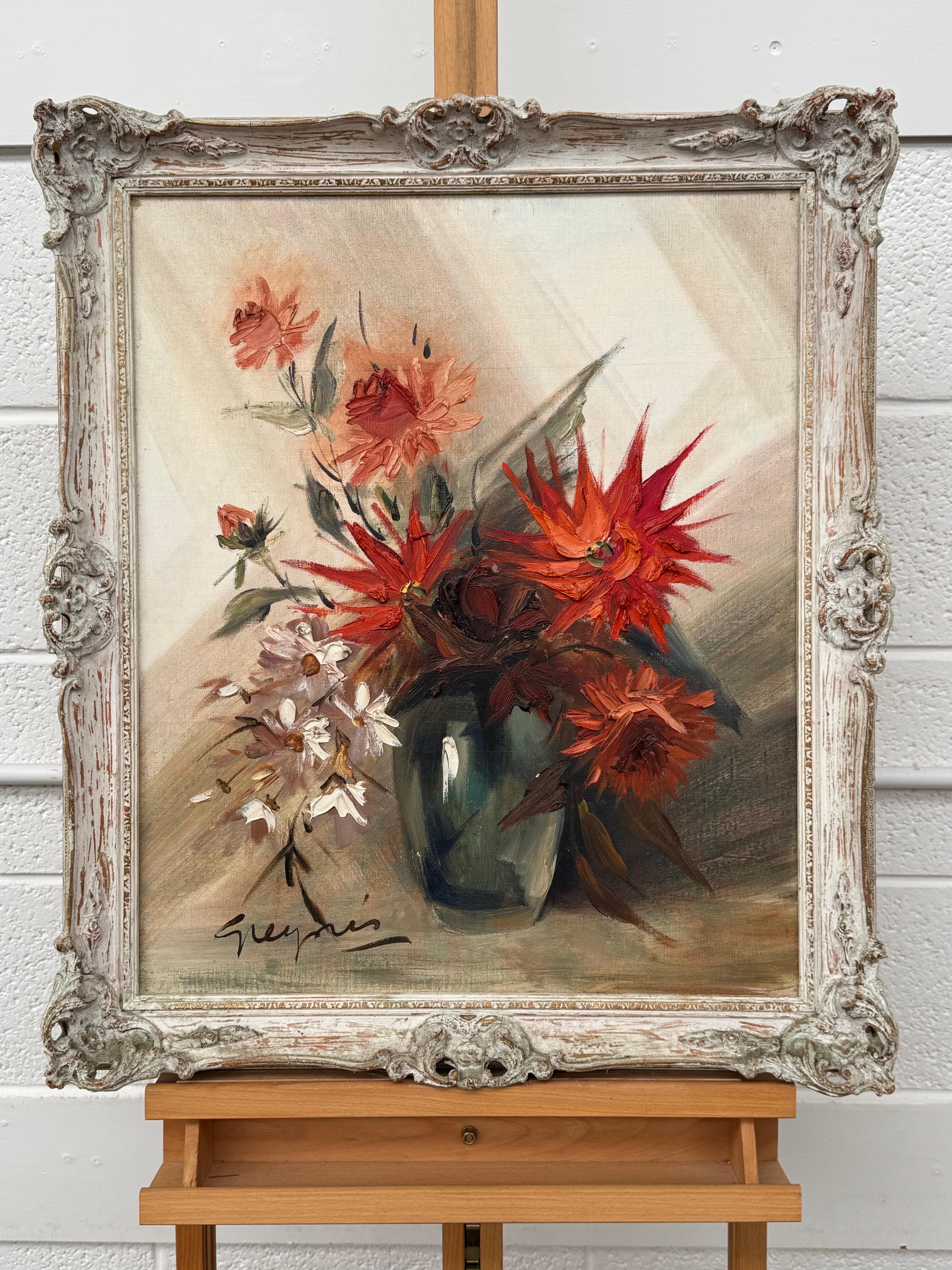 Vintage Impasto-Ölgemälde eines üppigen Straußes aus feuerroten und korallenroten Blumen (Braun), Interior Painting, von Greynis