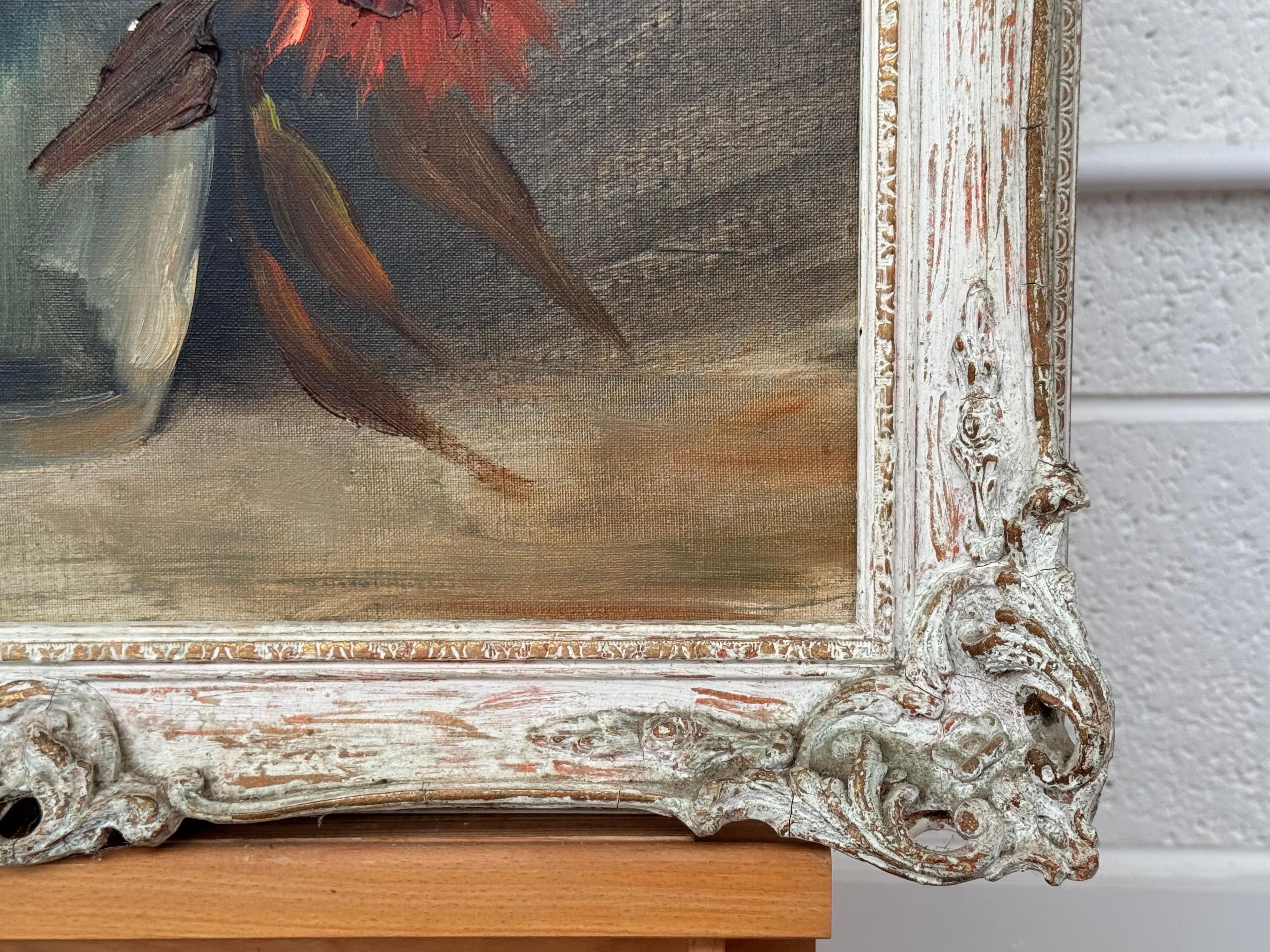 Vintage-Impasto-Ölgemälde eines üppigen Straußes aus feuerroten und korallenroten Blumen. Lebendiges Blumenstillleben. 

Kunst misst 20 x 24 Zoll 
Rahmen misst 24 x 28 Zoll 

Signiert, Original, Öl auf Leinwand

Dieses Ölgemälde im Vintage-Stil