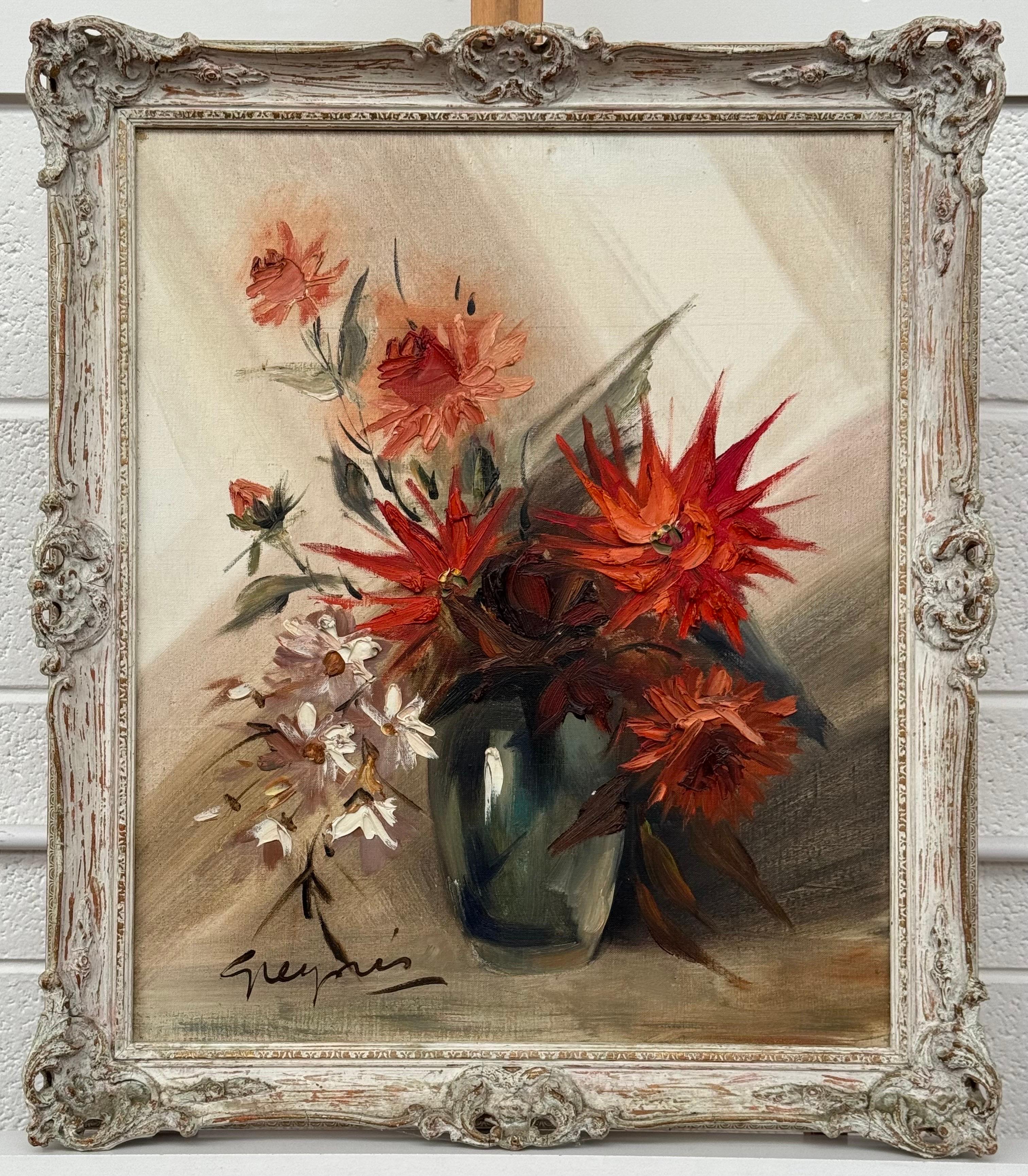 Vintage Impasto-Ölgemälde eines üppigen Straußes aus feuerroten und korallenroten Blumen im Angebot 1