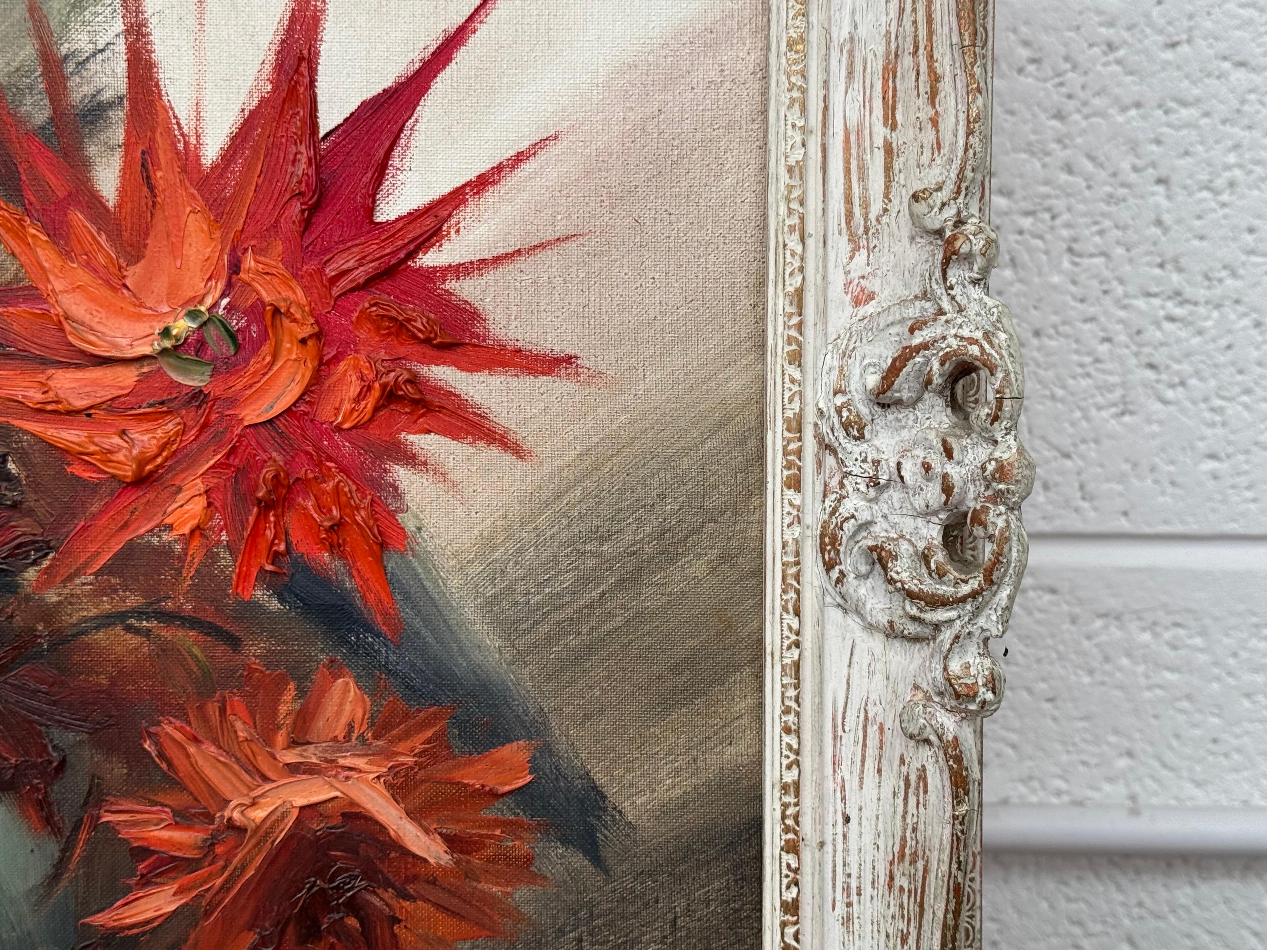 Vintage Impasto-Ölgemälde eines üppigen Straußes aus feuerroten und korallenroten Blumen im Angebot 2