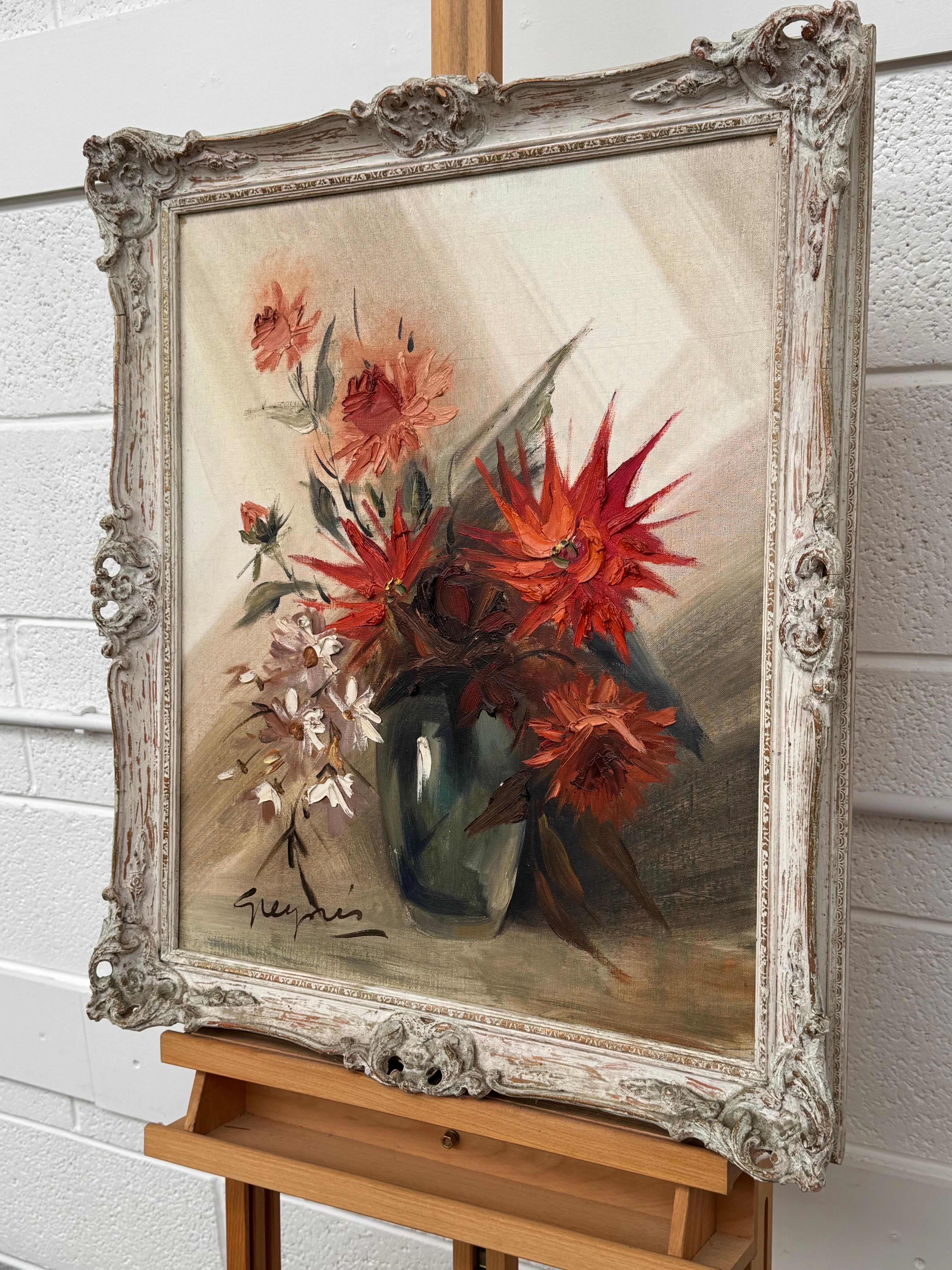 Vintage Impasto-Ölgemälde eines üppigen Straußes aus feuerroten und korallenroten Blumen im Angebot 3