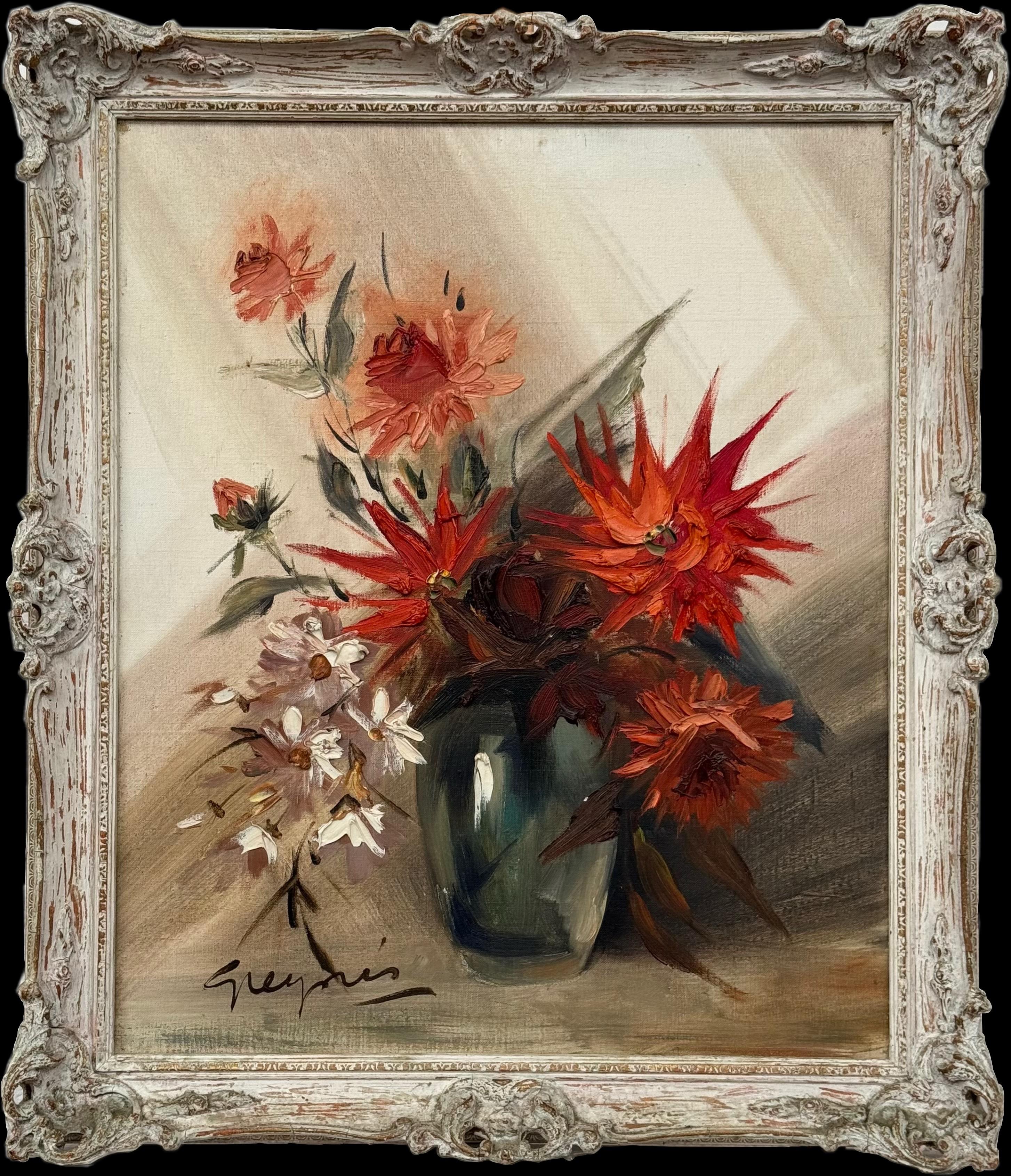 Greynis Interior Painting – Vintage Impasto-Ölgemälde eines üppigen Straußes aus feuerroten und korallenroten Blumen