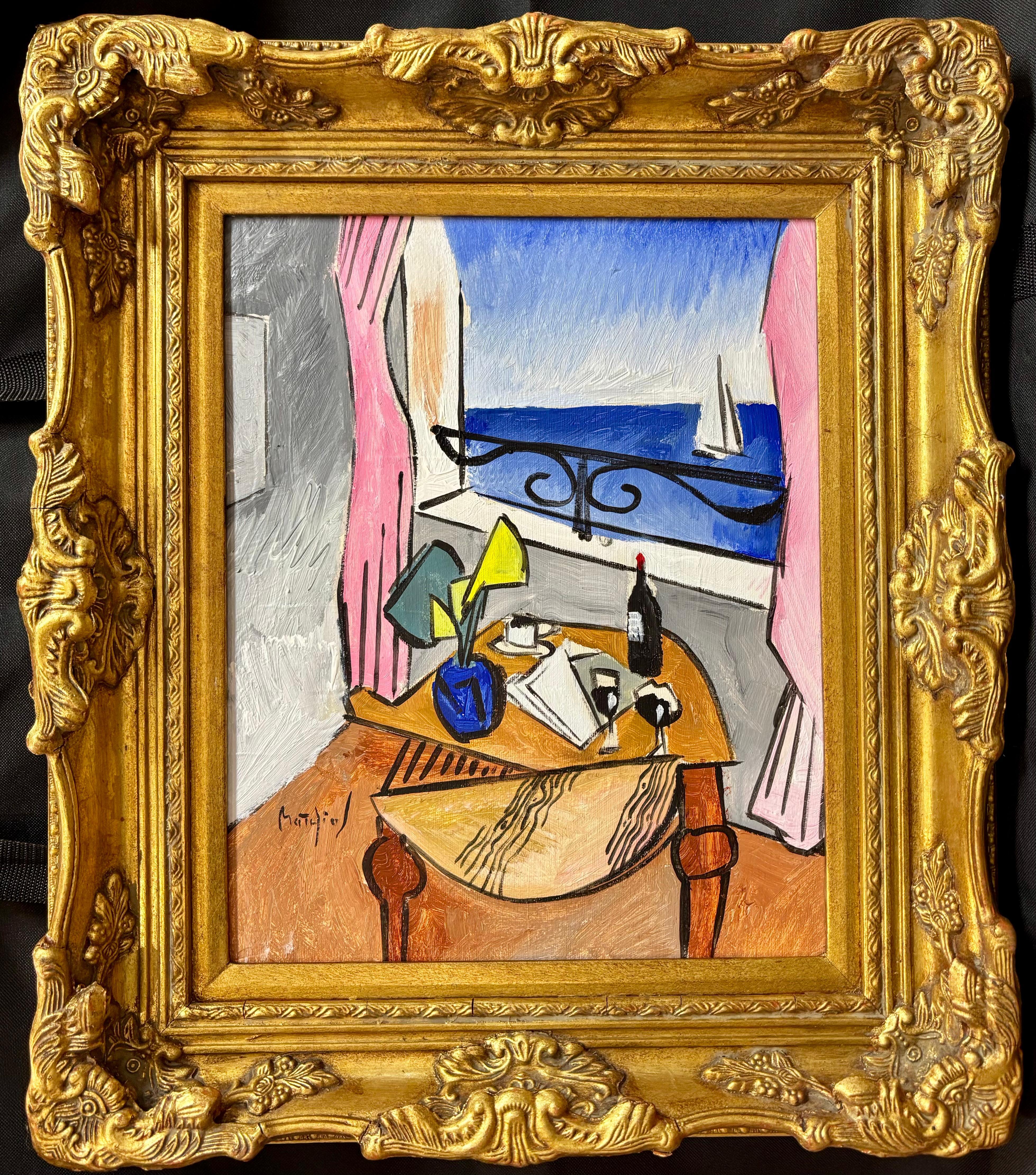 Apéritif au Cap Ferret 
Acrylic on canvas
41 x 33 cm
Ornate gold frame included, ready to hang
Signed “Mathias” lower left

In Apéritif au Cap Ferret, Greg Mathias invites us into a serene, sun-drenched interior overlooking the ocean. Rendered in