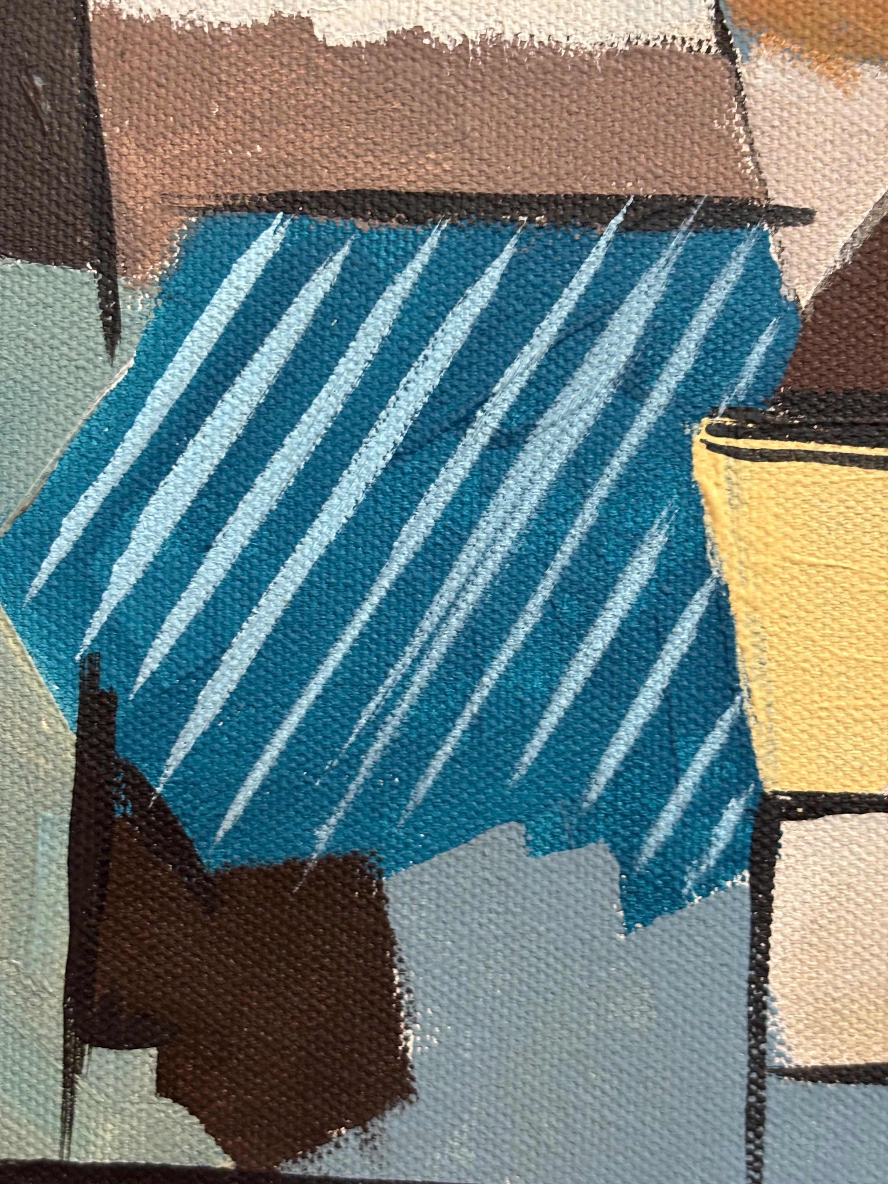 Composition cubiste di G. Mathias - Cubismo astratto geometrico in blu e ocra in vendita 6
