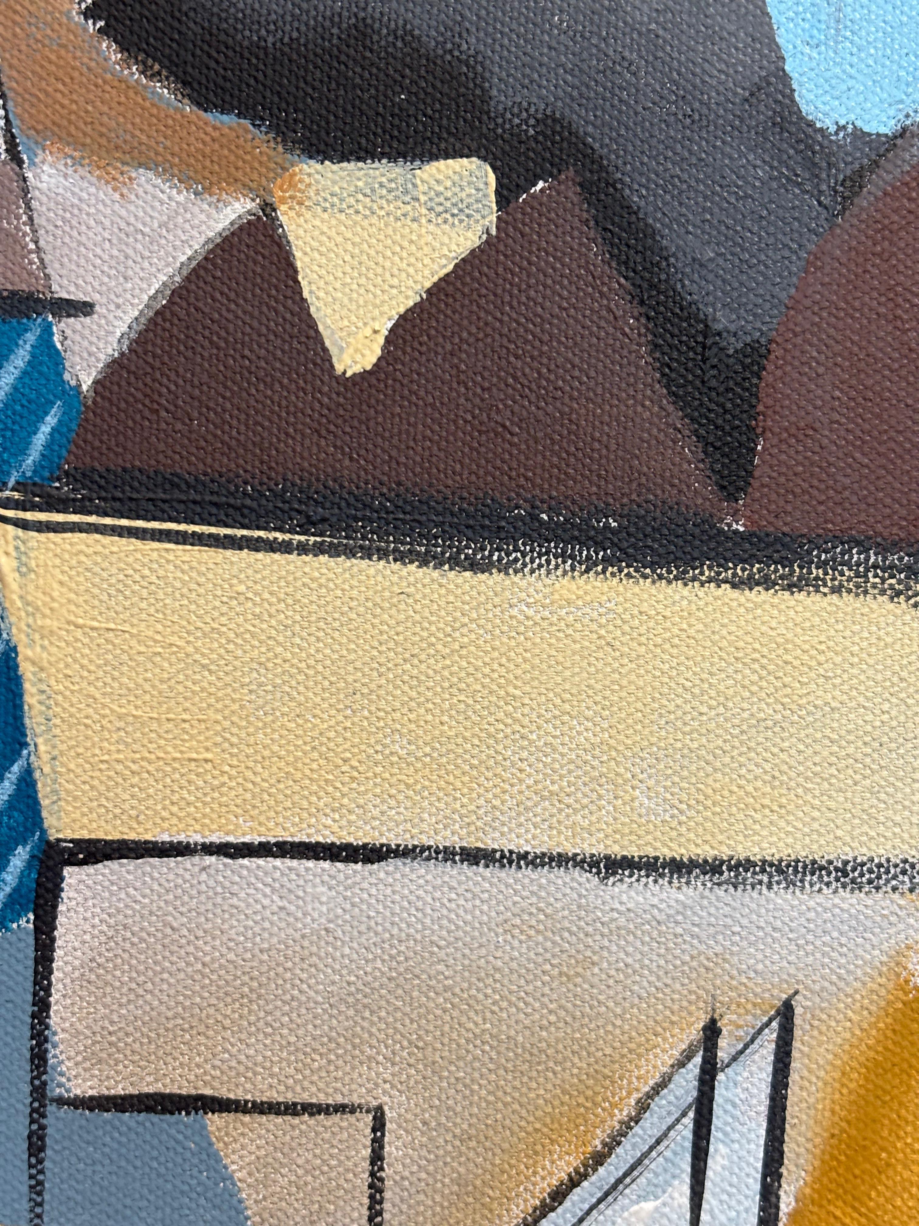 Composition cubiste di G. Mathias - Cubismo astratto geometrico in blu e ocra in vendita 7