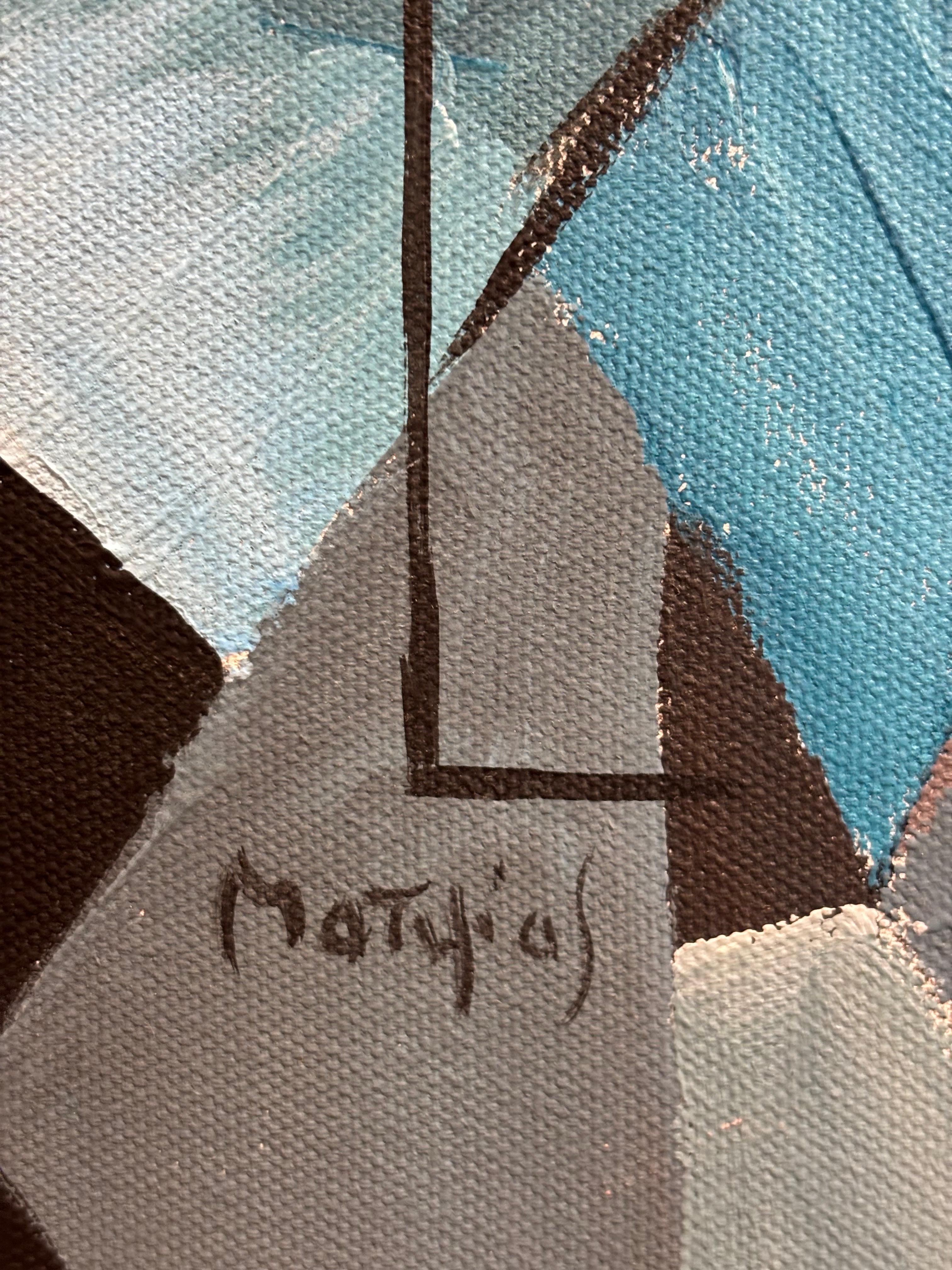 Composition cubiste di G. Mathias - Cubismo astratto geometrico in blu e ocra in vendita 8
