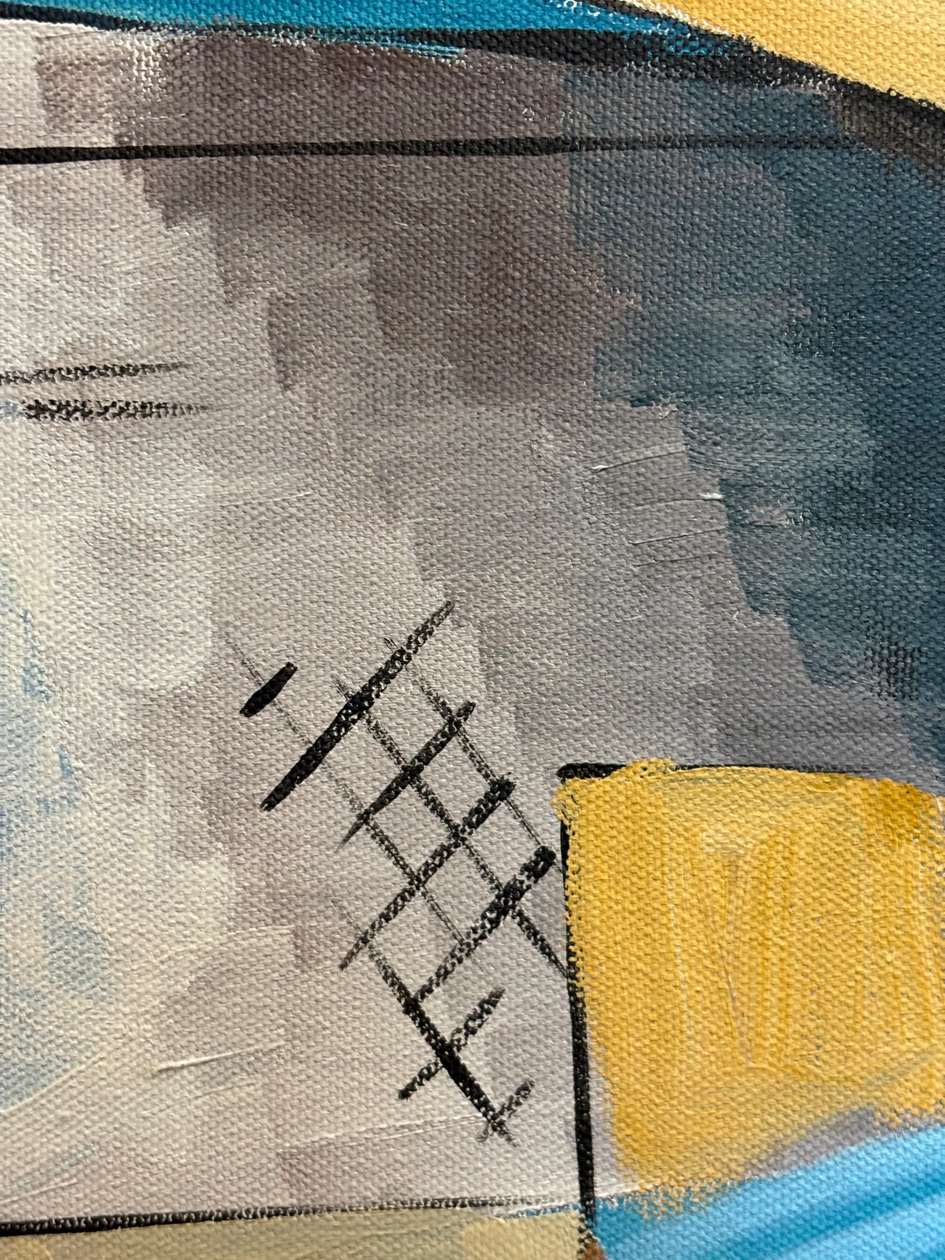 Composition cubiste di G. Mathias - Cubismo astratto geometrico in blu e ocra in vendita 9