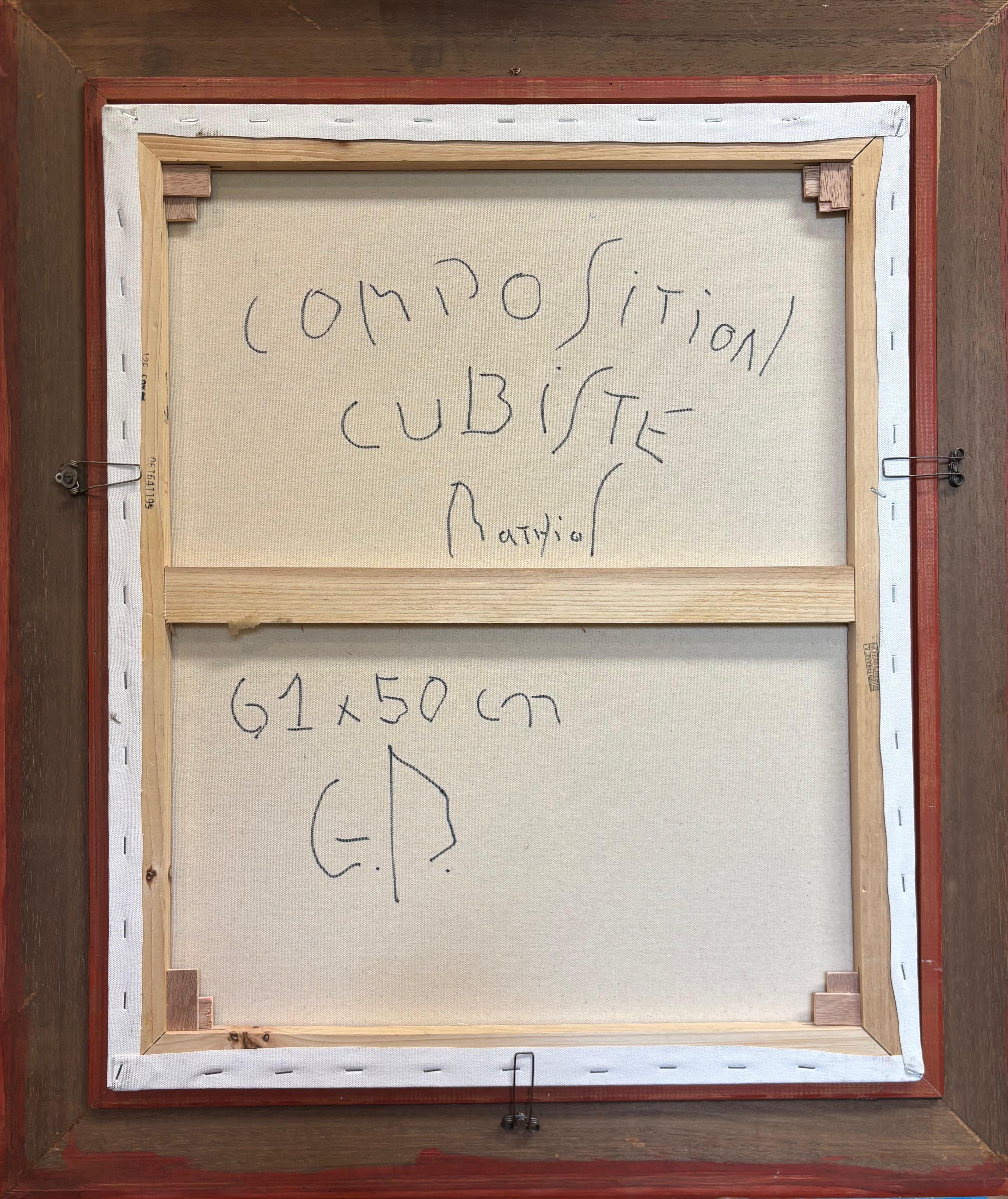 Composition cubiste di G. Mathias - Cubismo astratto geometrico in blu e ocra in vendita 10