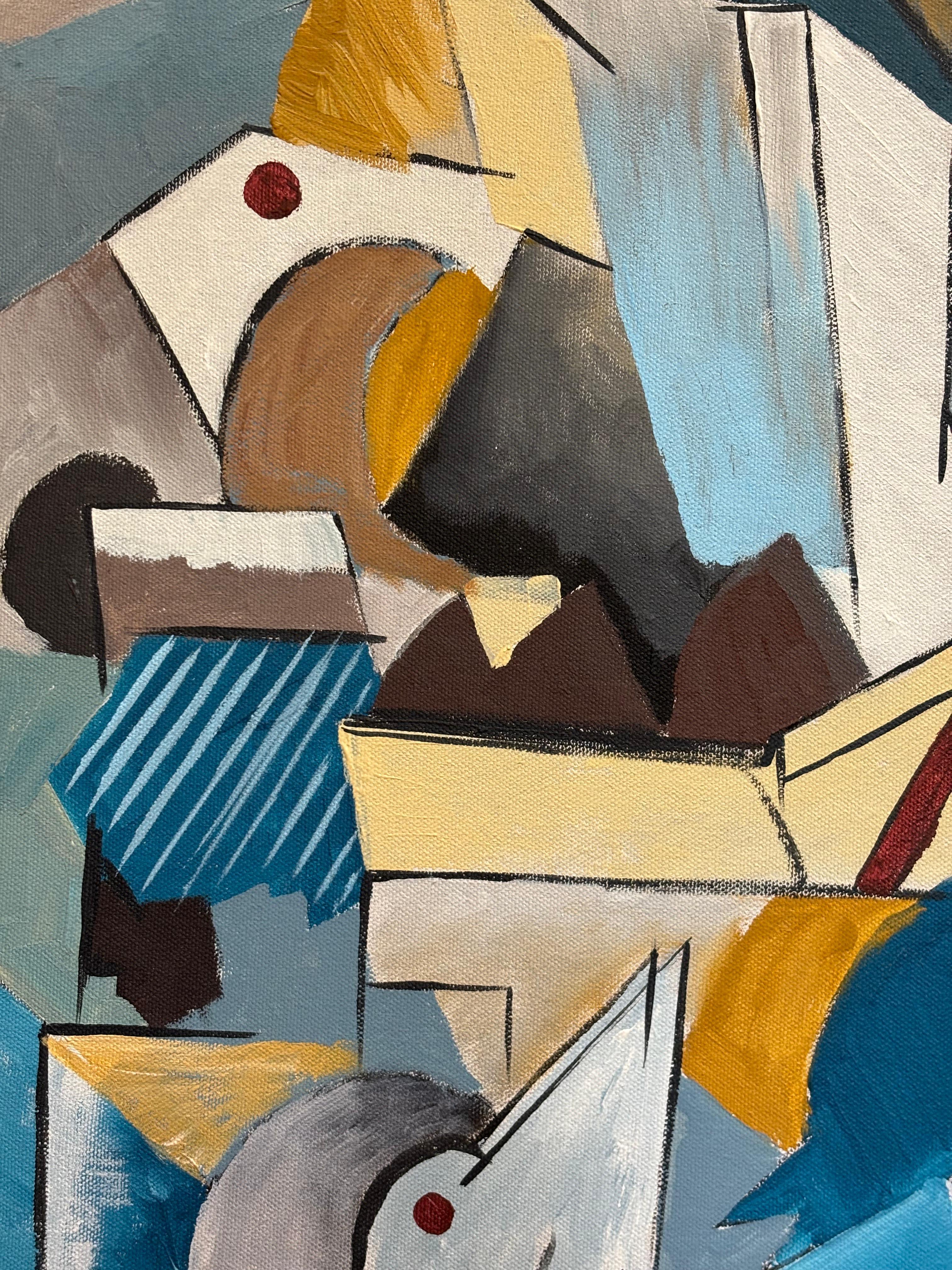 Composition cubiste di G. Mathias - Cubismo astratto geometrico in blu e ocra in vendita 3