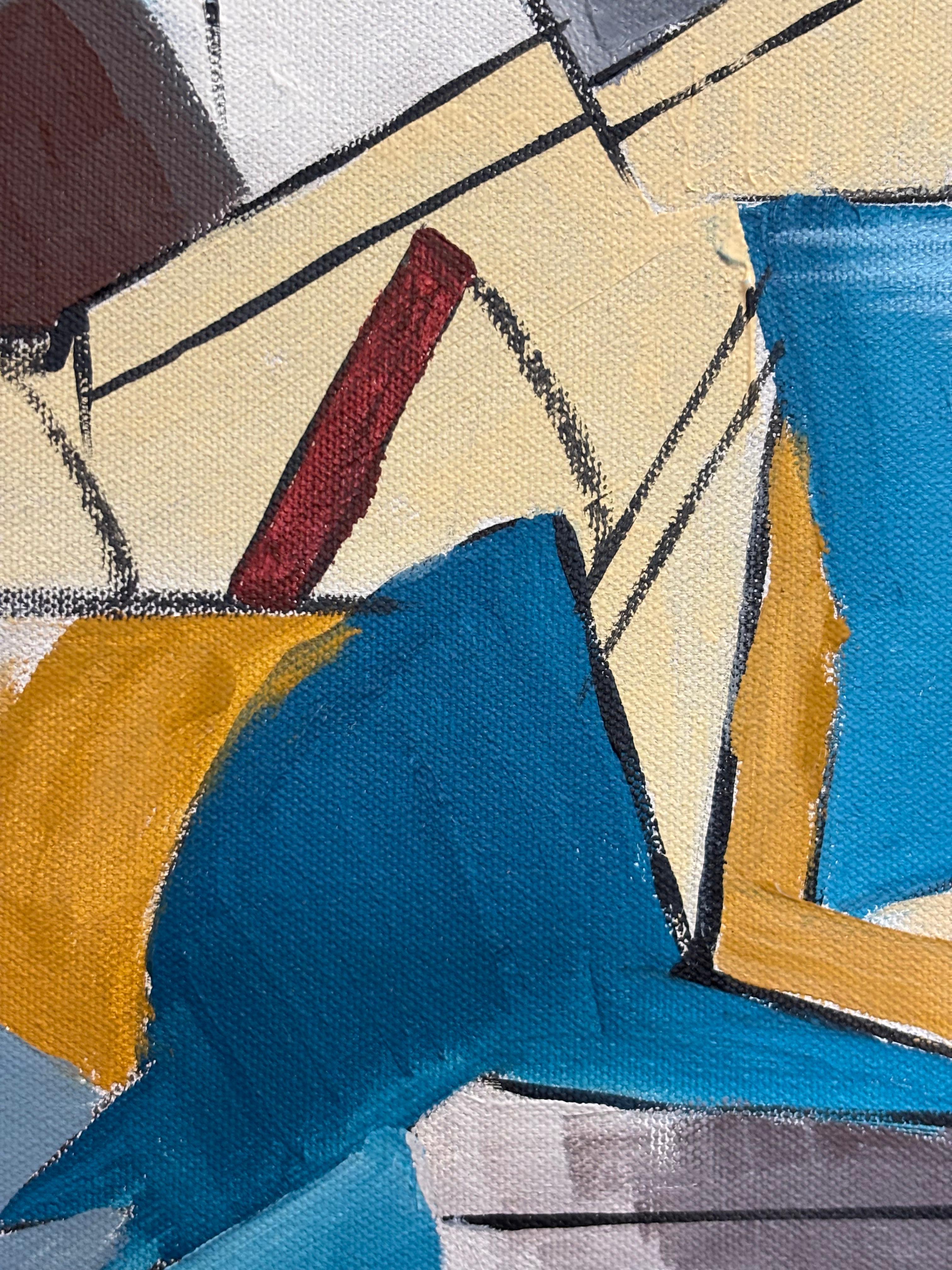 Composition cubiste di G. Mathias - Cubismo astratto geometrico in blu e ocra in vendita 5
