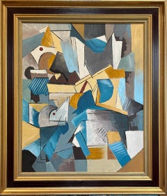 Composición cubista de G. Mathias - Cubismo abstracto geométrico en azul y ocre