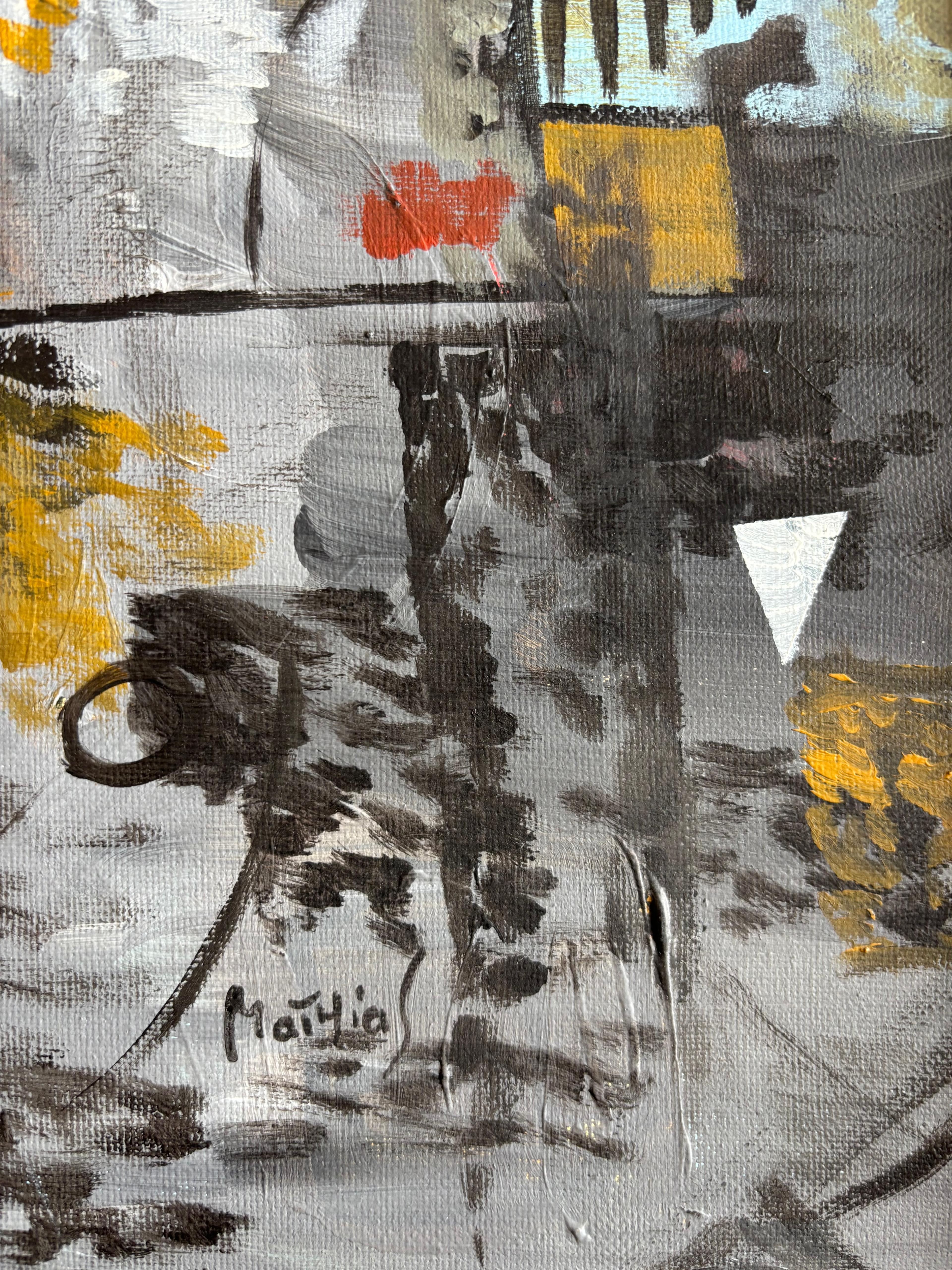 Concert dans l'Atelier (Konzert im Atelier)
Acryl auf Leinwand
55.5 x 46 cm

Concert dans l'Atelier, eine kubistische Szene von Greg Mathias, fängt die Energie eines musikalischen Moments im Atelier des Künstlers ein. Grautöne mit Ocker und Blau