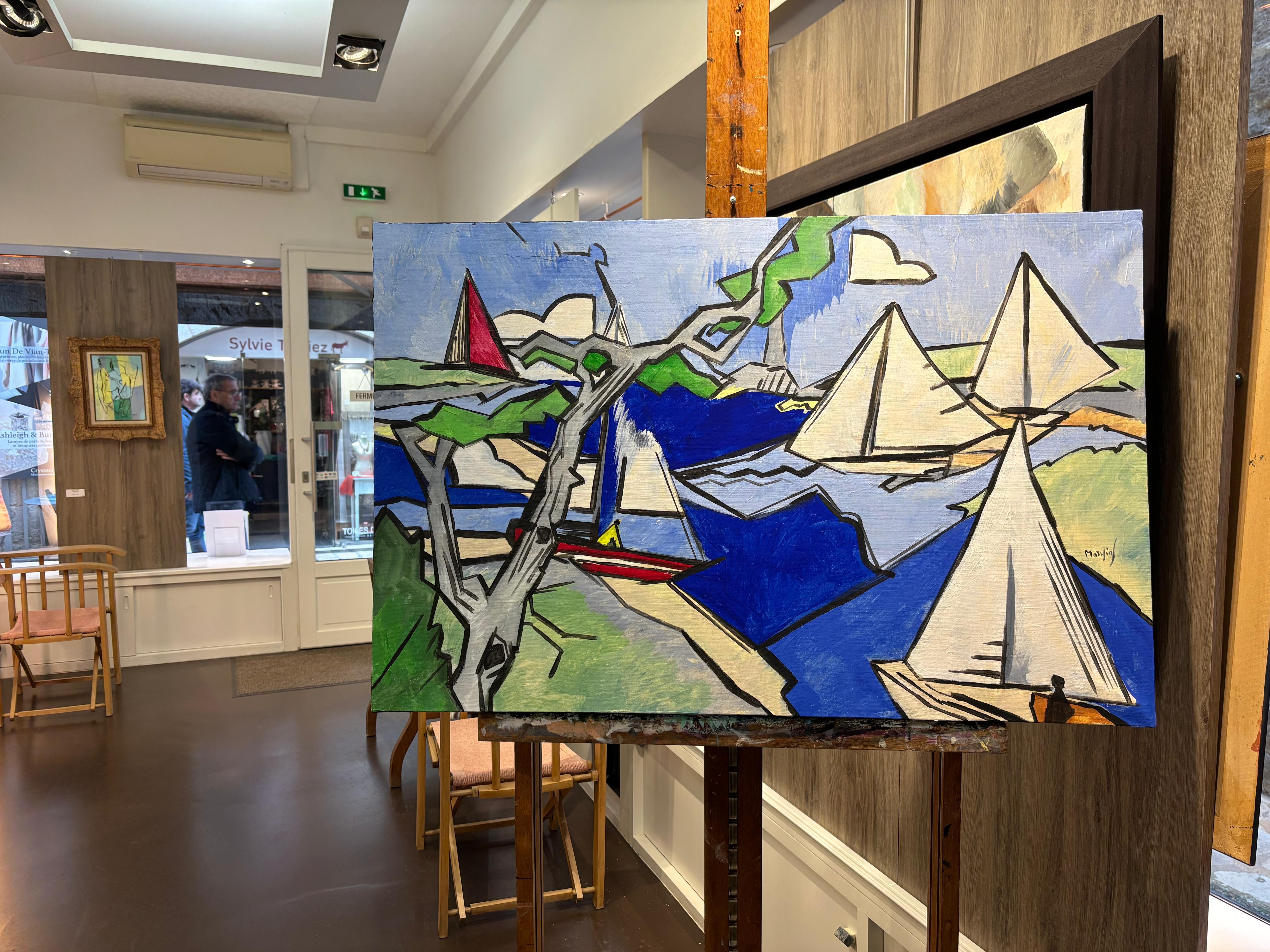 Côte Atlantique de Grégoire Mathias - Paisaje marino cubista moderno con veleros en venta 8