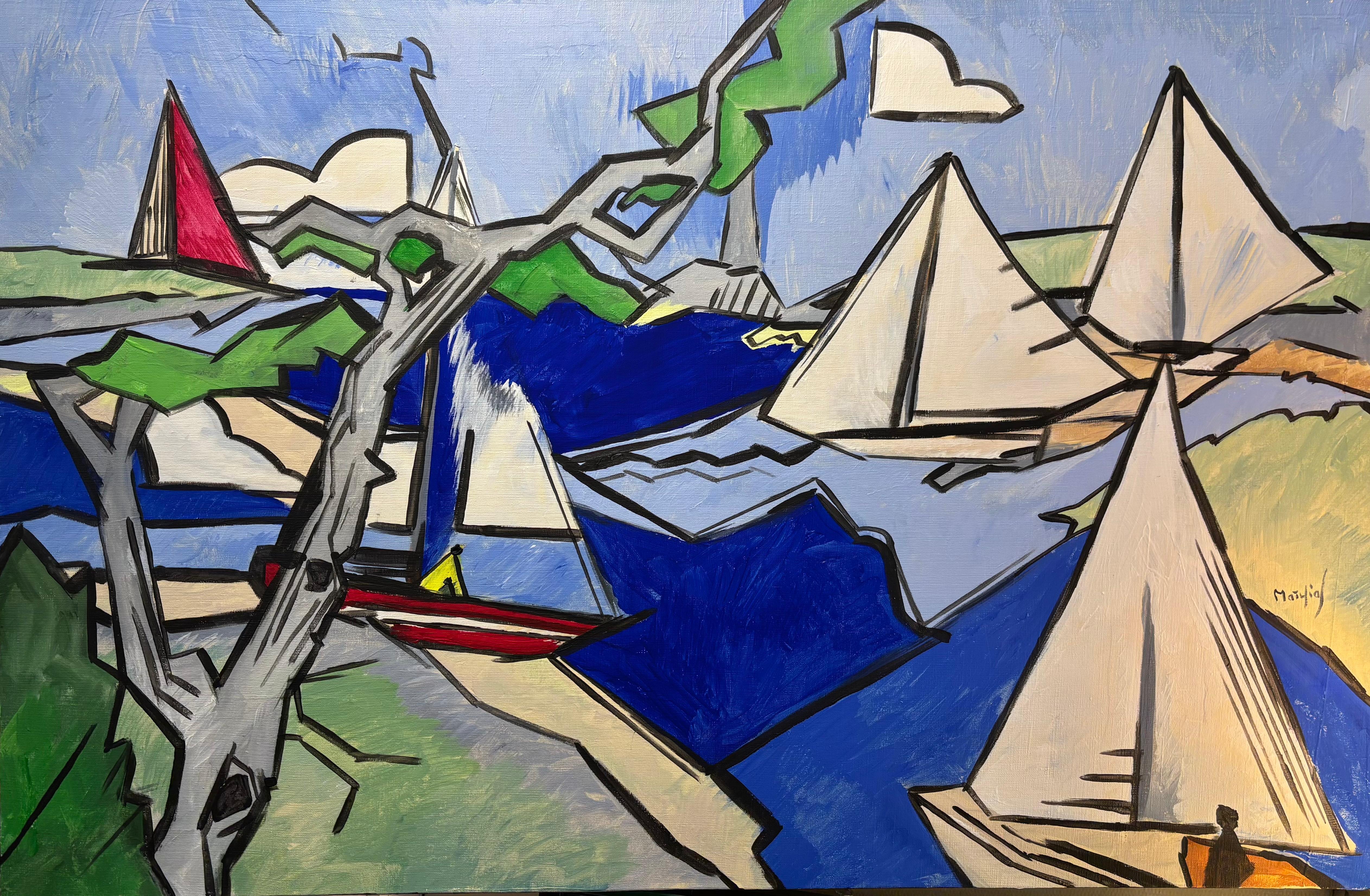 "Côte Atlantique" – Modern Cubist Seascape with Sailboats, acrylic on canvas