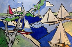 "Côte Atlantique" – Modern Cubist Seascape with Sailboats, acrylic on canvas