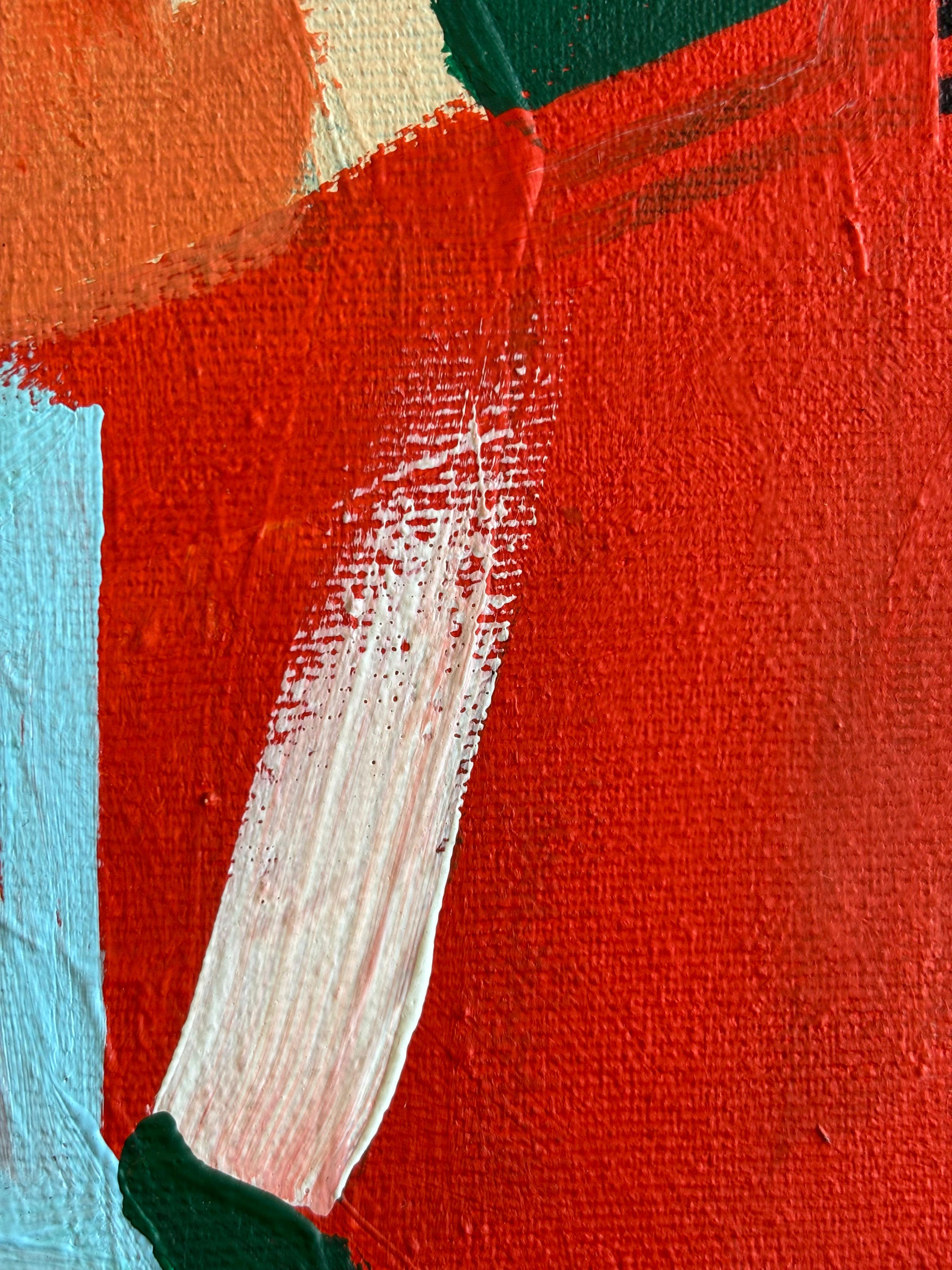 Crépuscule dans l'Atelier by Greg Mathias – Cubist Composition in red and green - Brown Figurative Painting by Grégoire Mathias