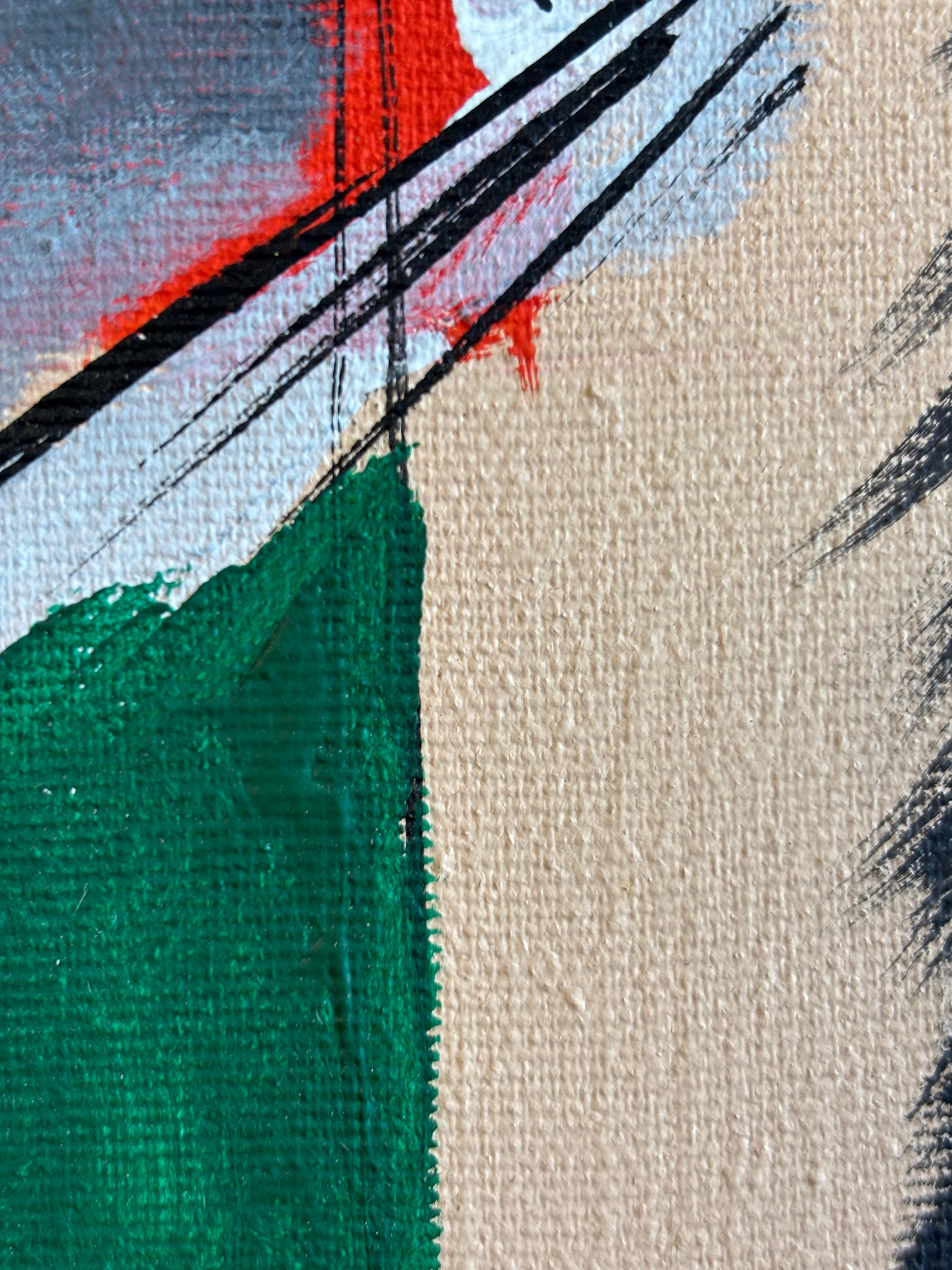 Crépuscule dans l'Atelier by Greg Mathias – Cubist Composition in red and green For Sale 4