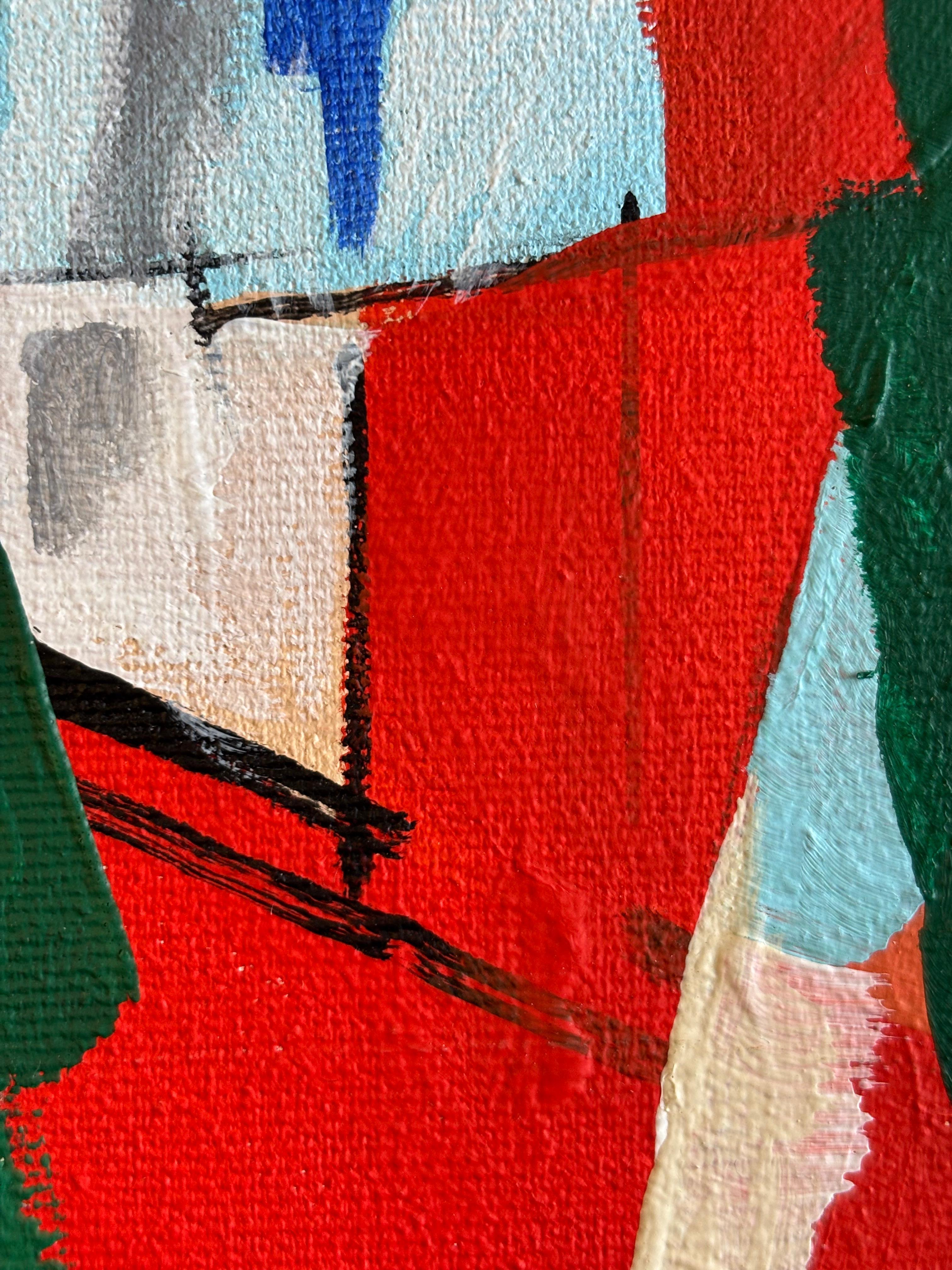 Crépuscule dans l'Atelier by Greg Mathias – Cubist Composition in red and green For Sale 5