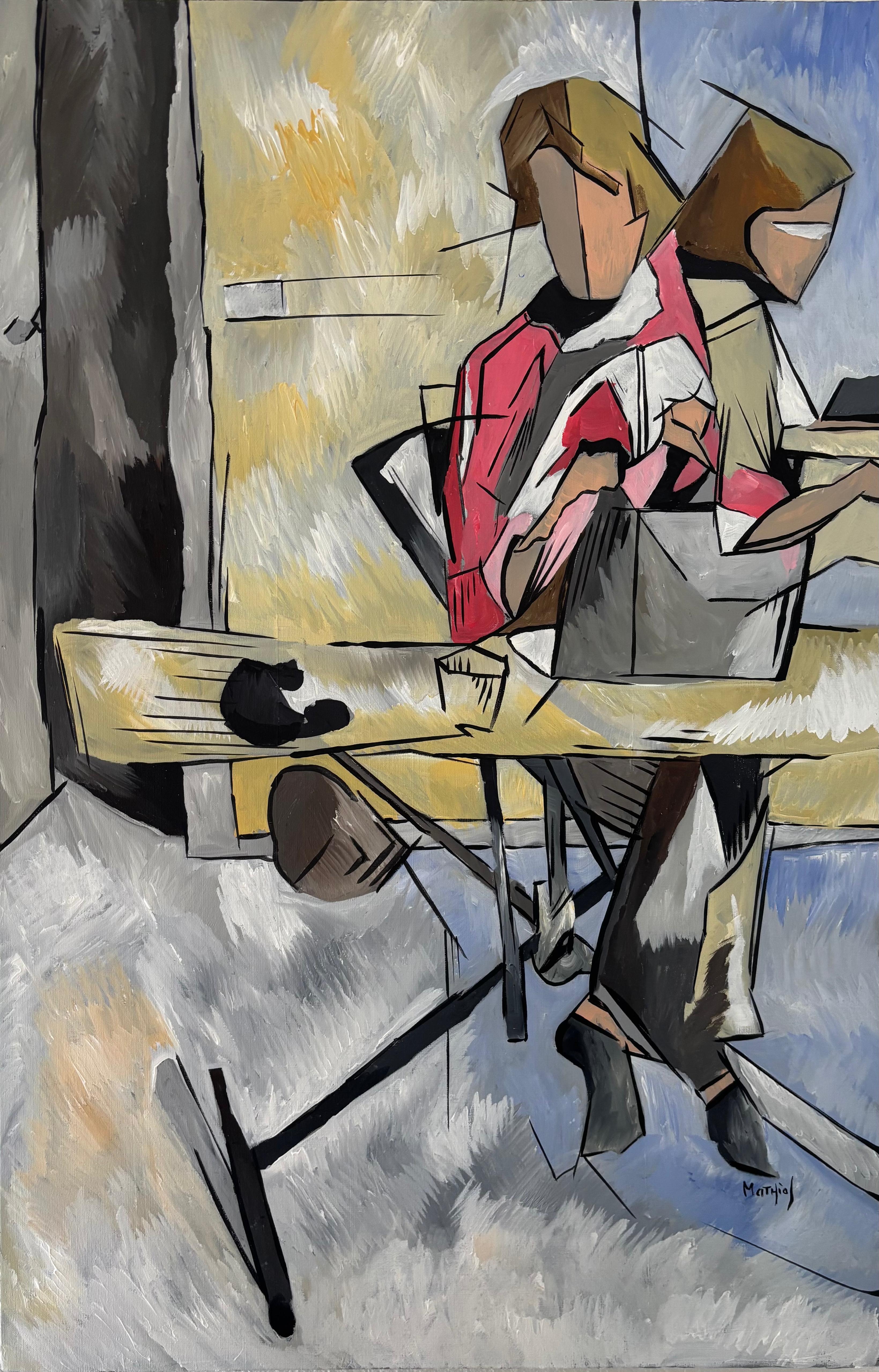 Grégoire Mathias Figurative Painting – Deux Minutes – Modern Cubist Interior Portrait, Acrylic on Canvas, 92 x 60cm