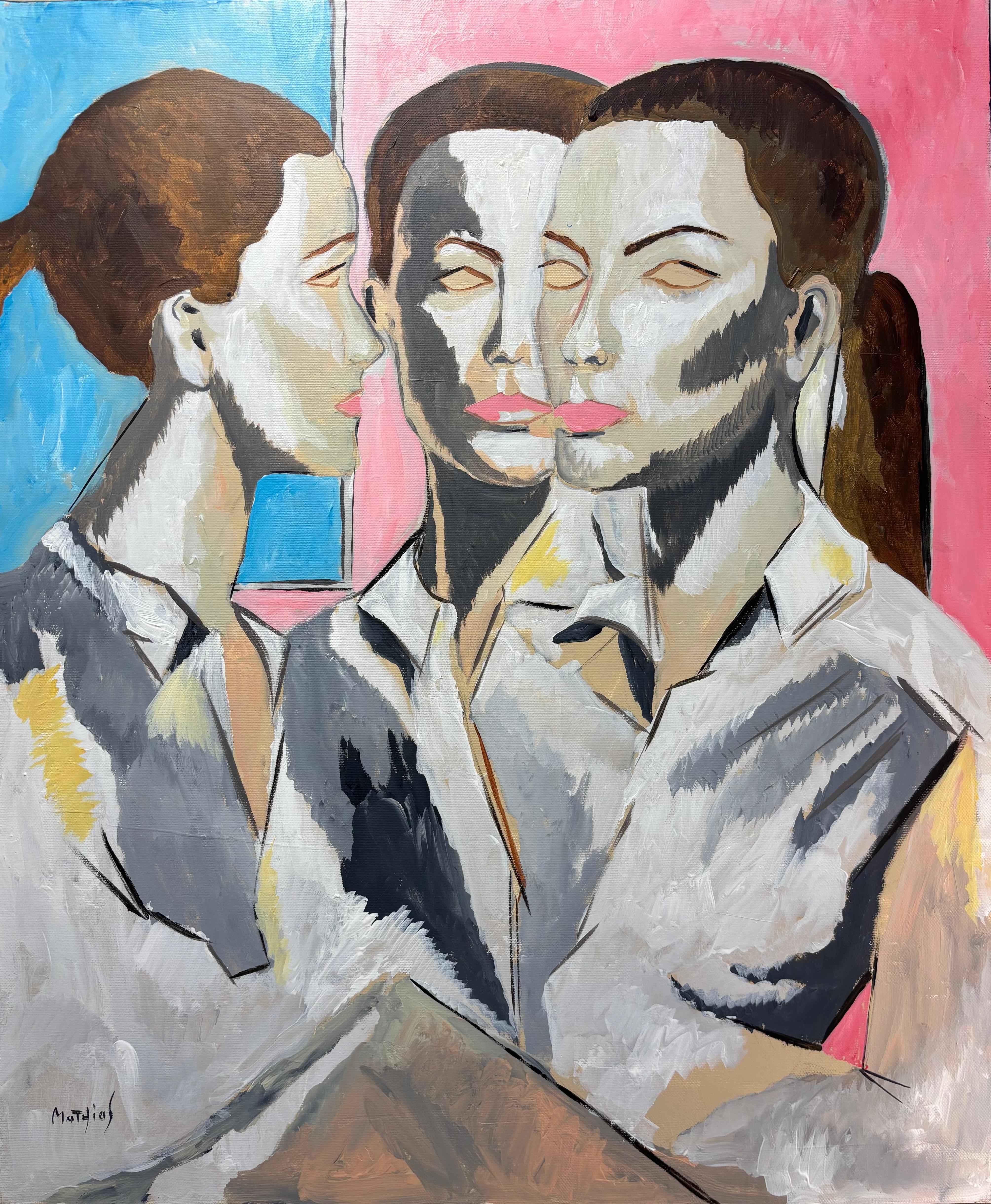 Französisch Moderne kubistische weibliche Porträt - Figurative, Rosa Blau Acryl auf Leinwand