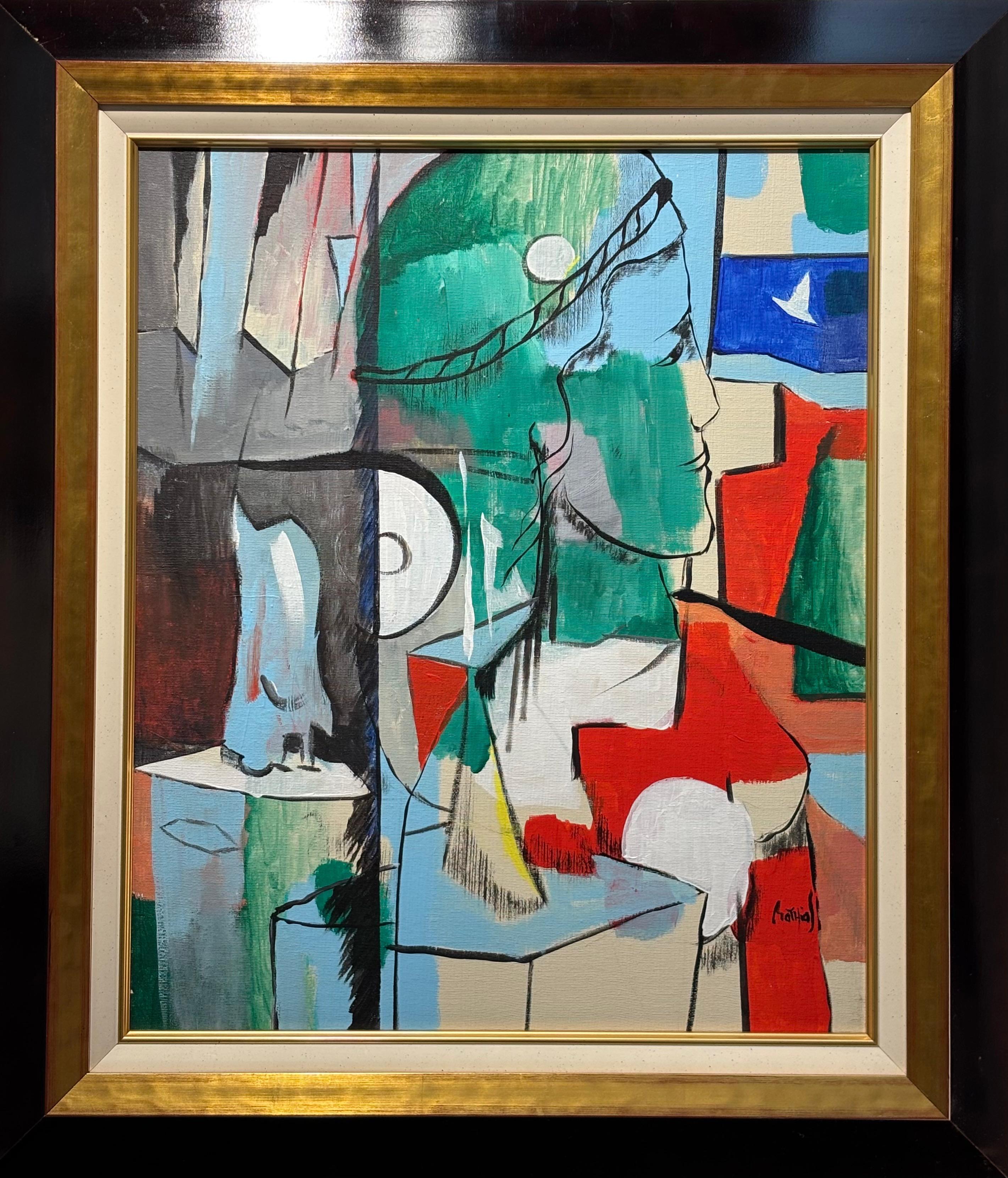 Grégoire Mathias Figurative Painting - French Modern Cubist Figurative Abstraction of Greece in Green Red, Blue Acrylic