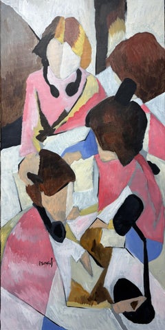 French Modern Cubist Figurative Painting, Vertical Portrait, Pink Brown, Acrylic