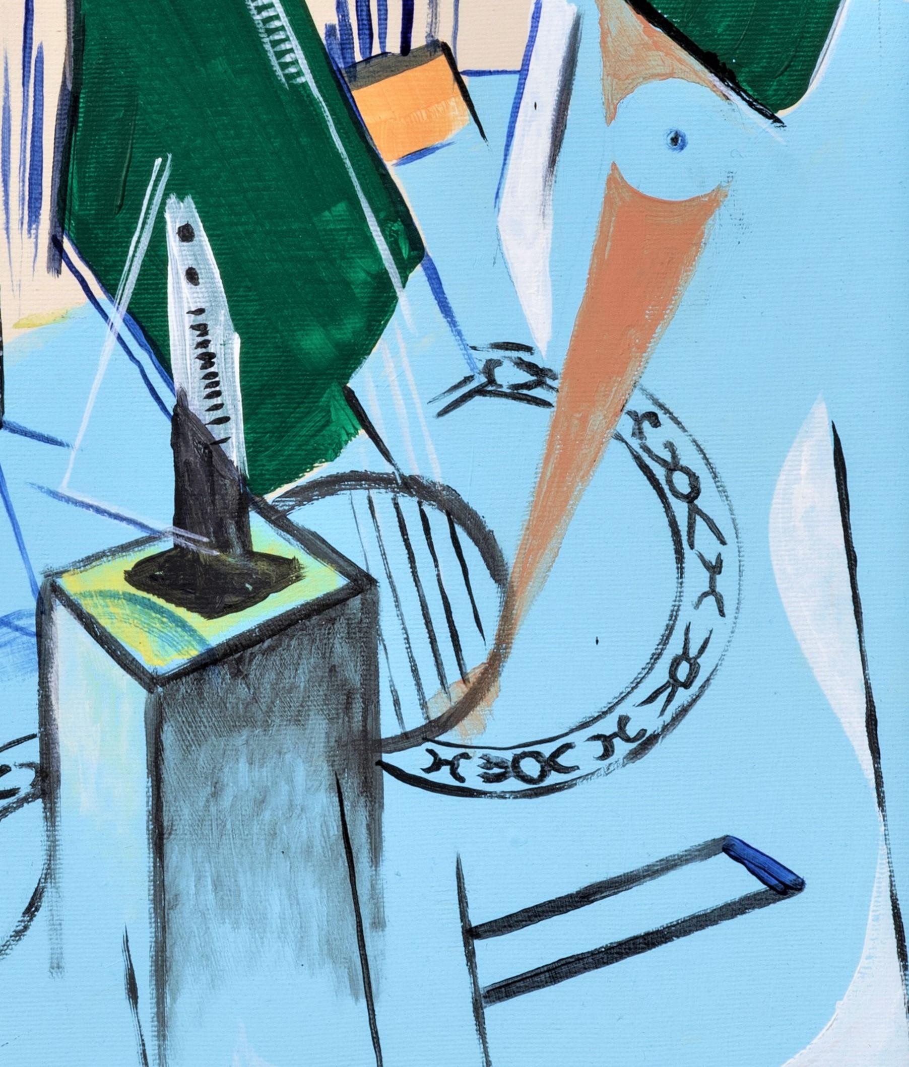 Journée dans l'Atelier - Scène d'intérieur dans le cubisme diachronique, par Greg Mathias - Cubisme Painting par Grégoire Mathias