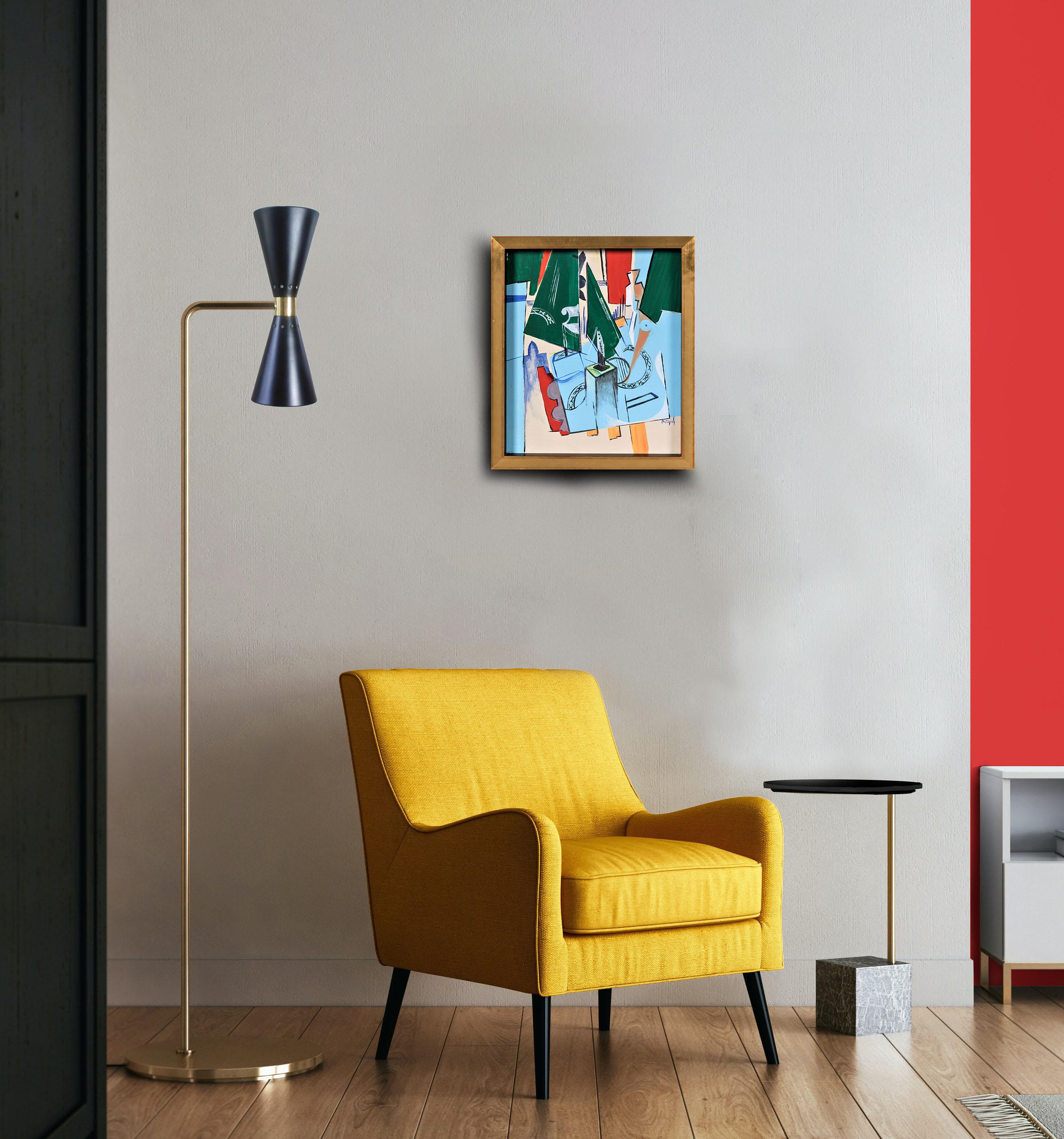 Journée dans l'Atelier - Scène d'intérieur dans le cubisme diachronique, par Greg Mathias - Gris Abstract Painting par Grégoire Mathias