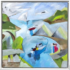 Modern Cubist Irish Coastal Landscape, Acrylic Painting, Blue-Green Palette
