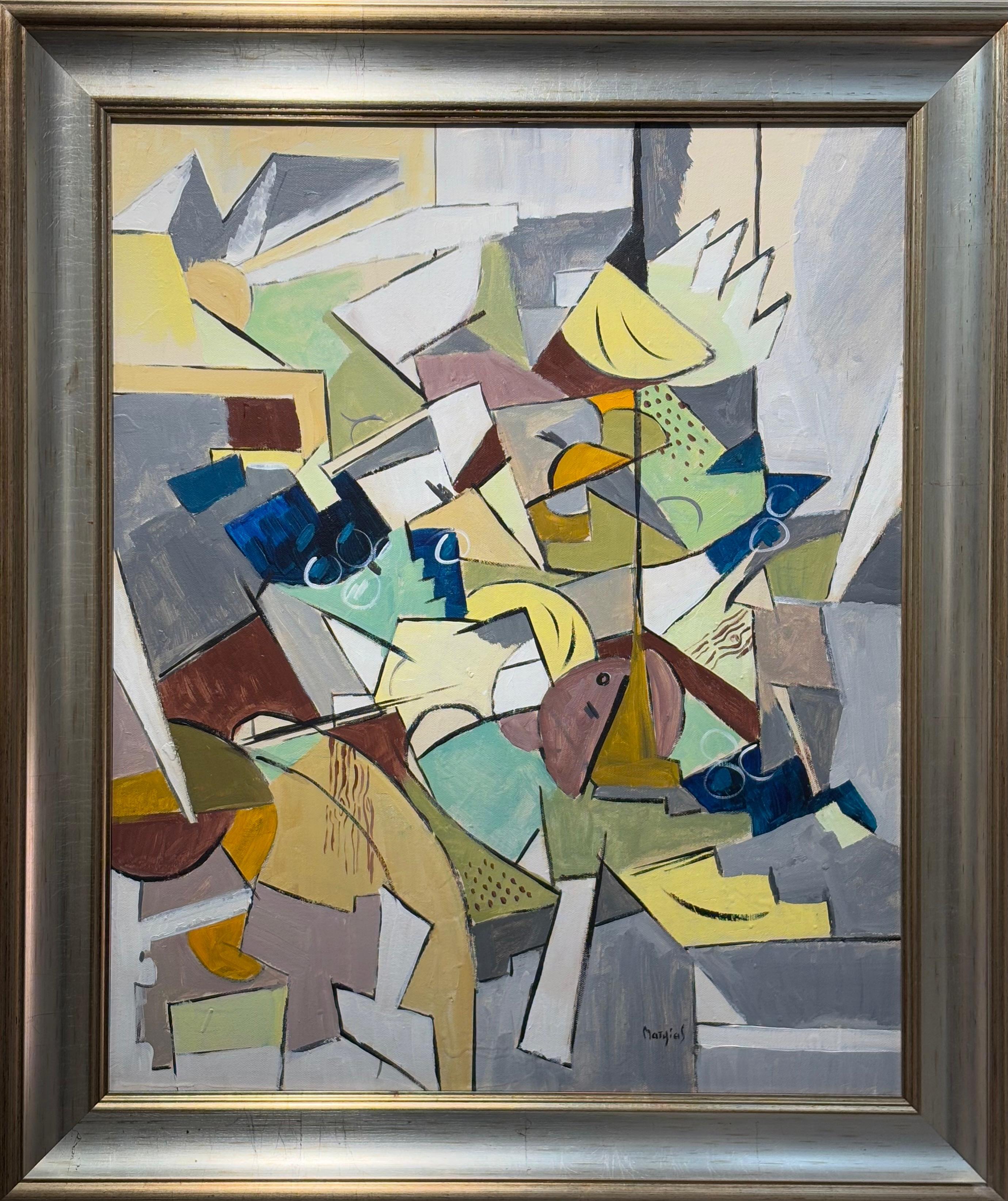 Modern Cubist Still Life with Natural Palette, Oil and Acrylic Painting, 60x49cm