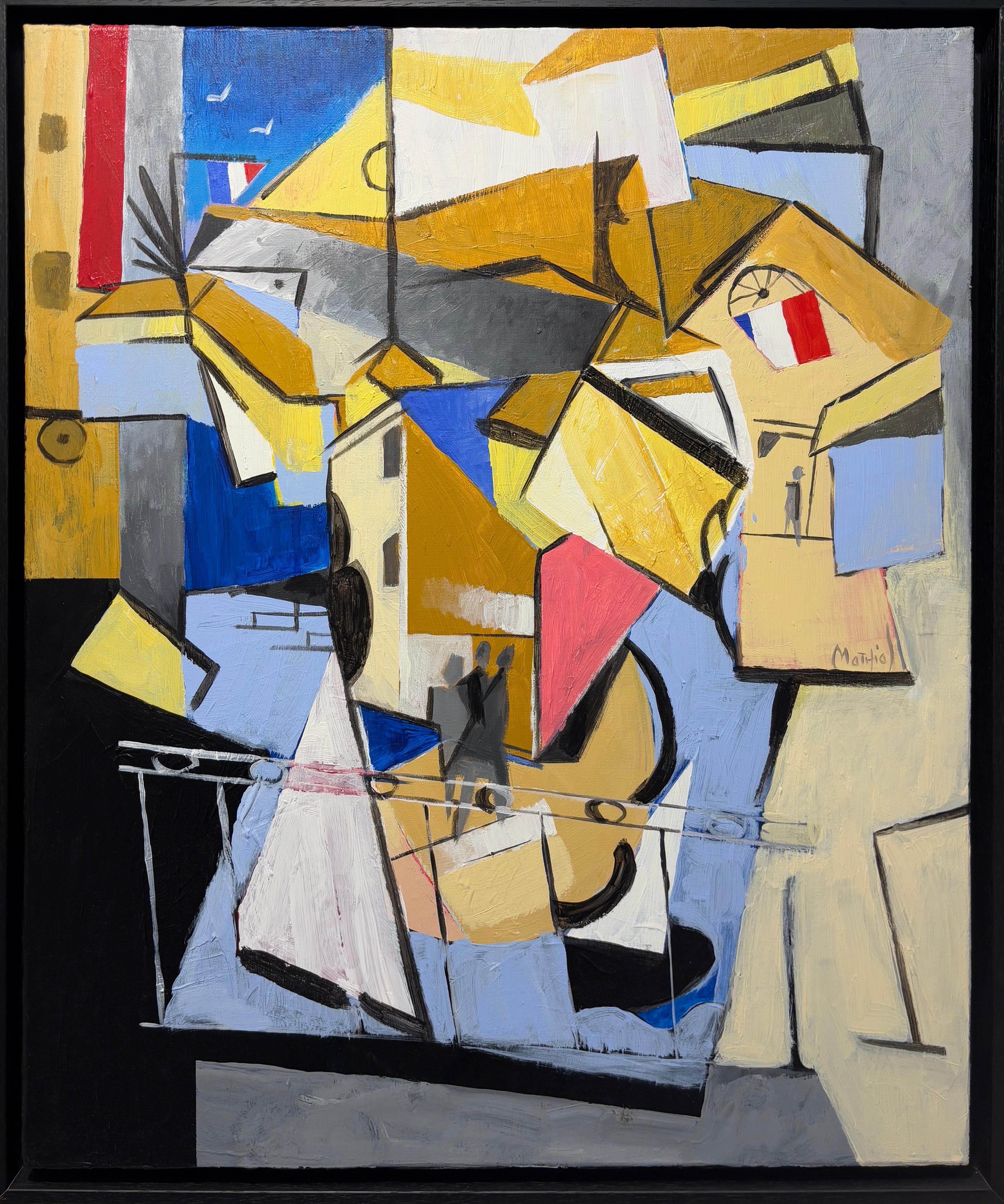 Peinture moderne de paysage côtier français, architecture cubiste Huile et acrylique