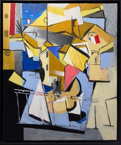 Modern French Coastal Landscape Painting, Cubist Architecture Oil and Acrylic