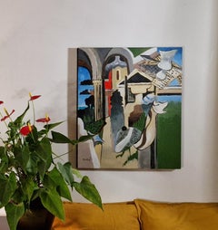 Modern Irish Landscape Painting, Architectural Figurative Acrylic on Canvas