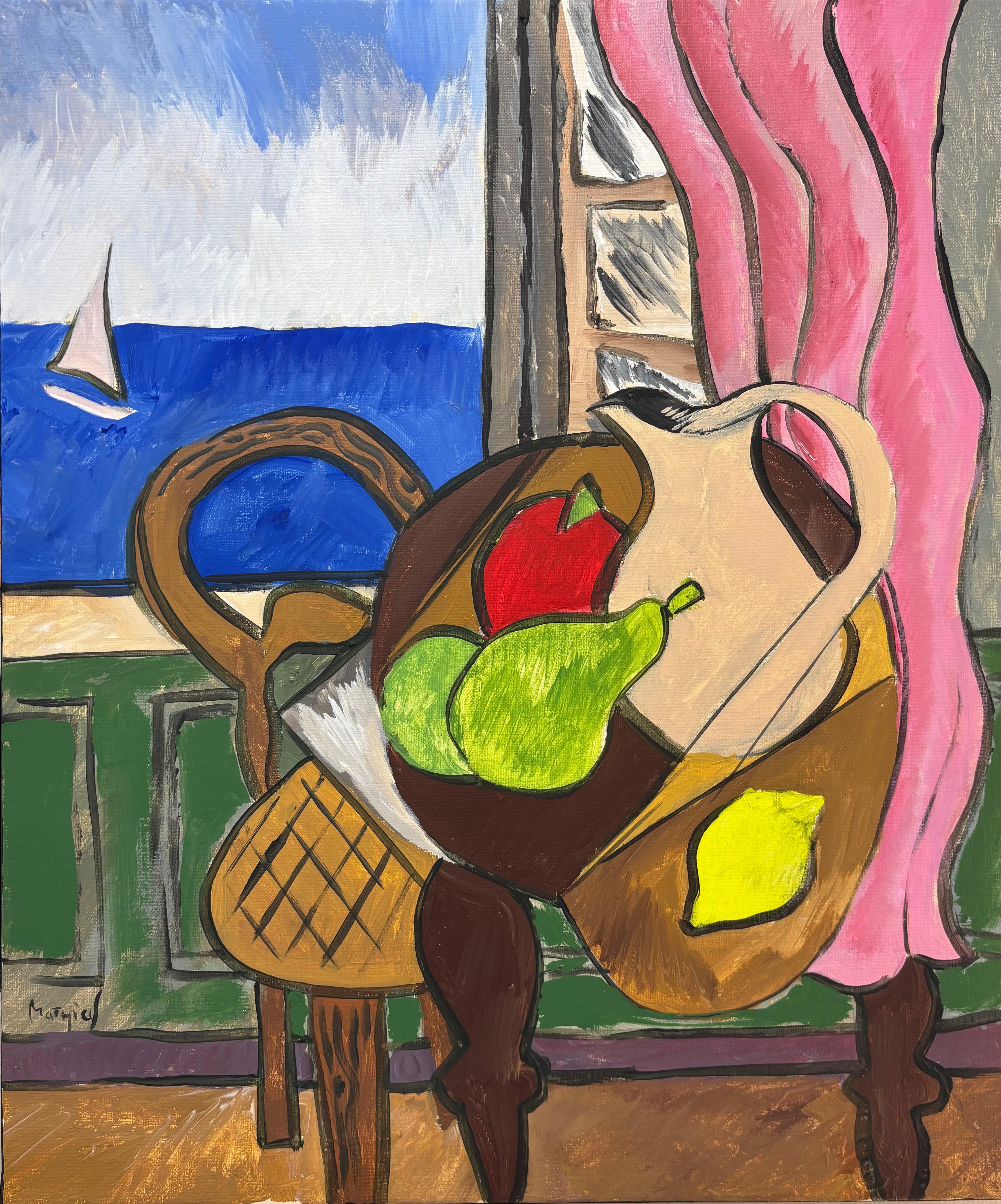 Nature Morte au Pichet de Grégoire Mathias - Nature morte cubiste et colorée en vente 5