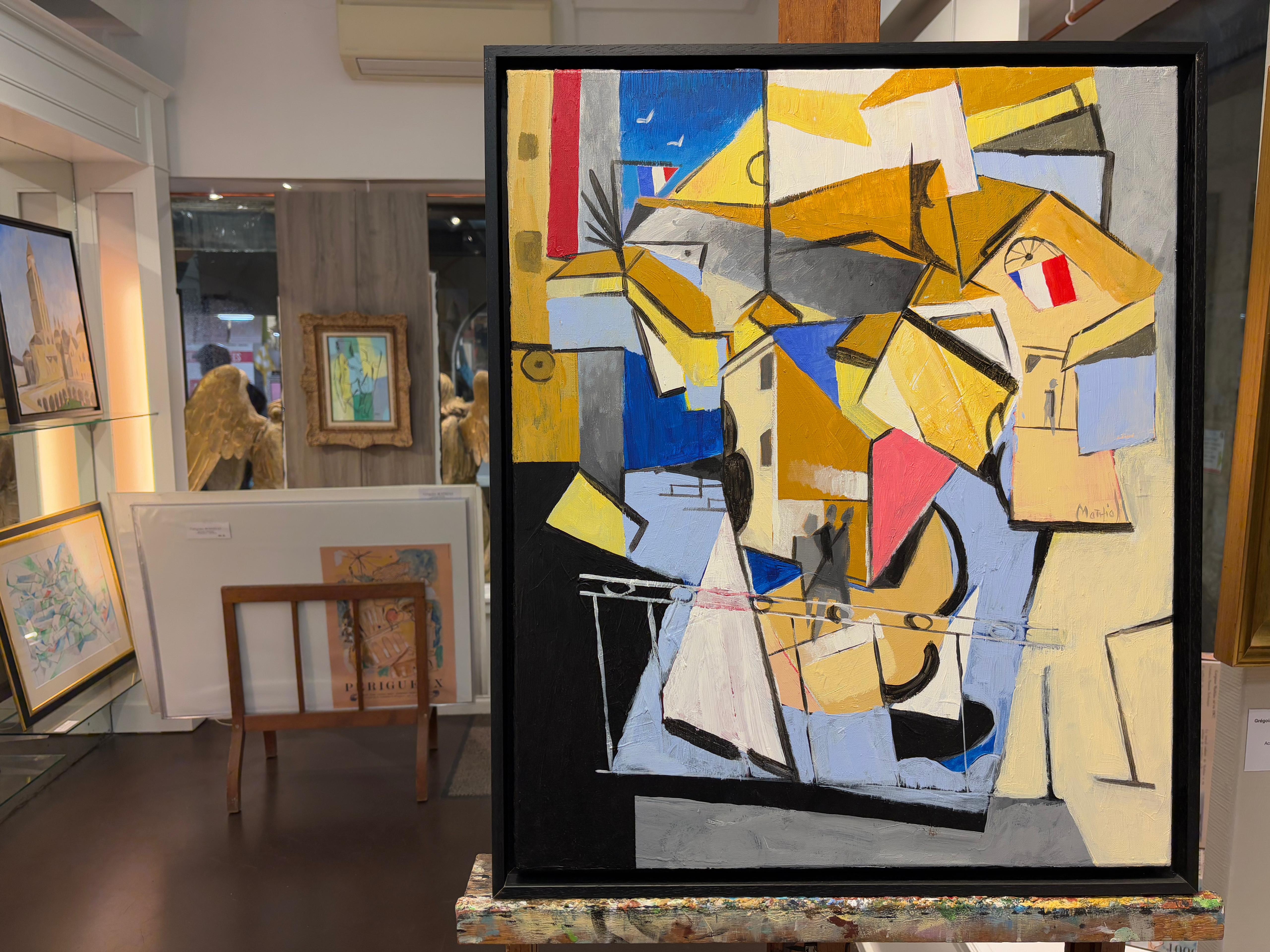 Paysage de la Côte d’Azur – Cubist French Riviera Scene, Oil & Acrylic on canvas (Braun), Abstract Painting, von Grégoire Mathias