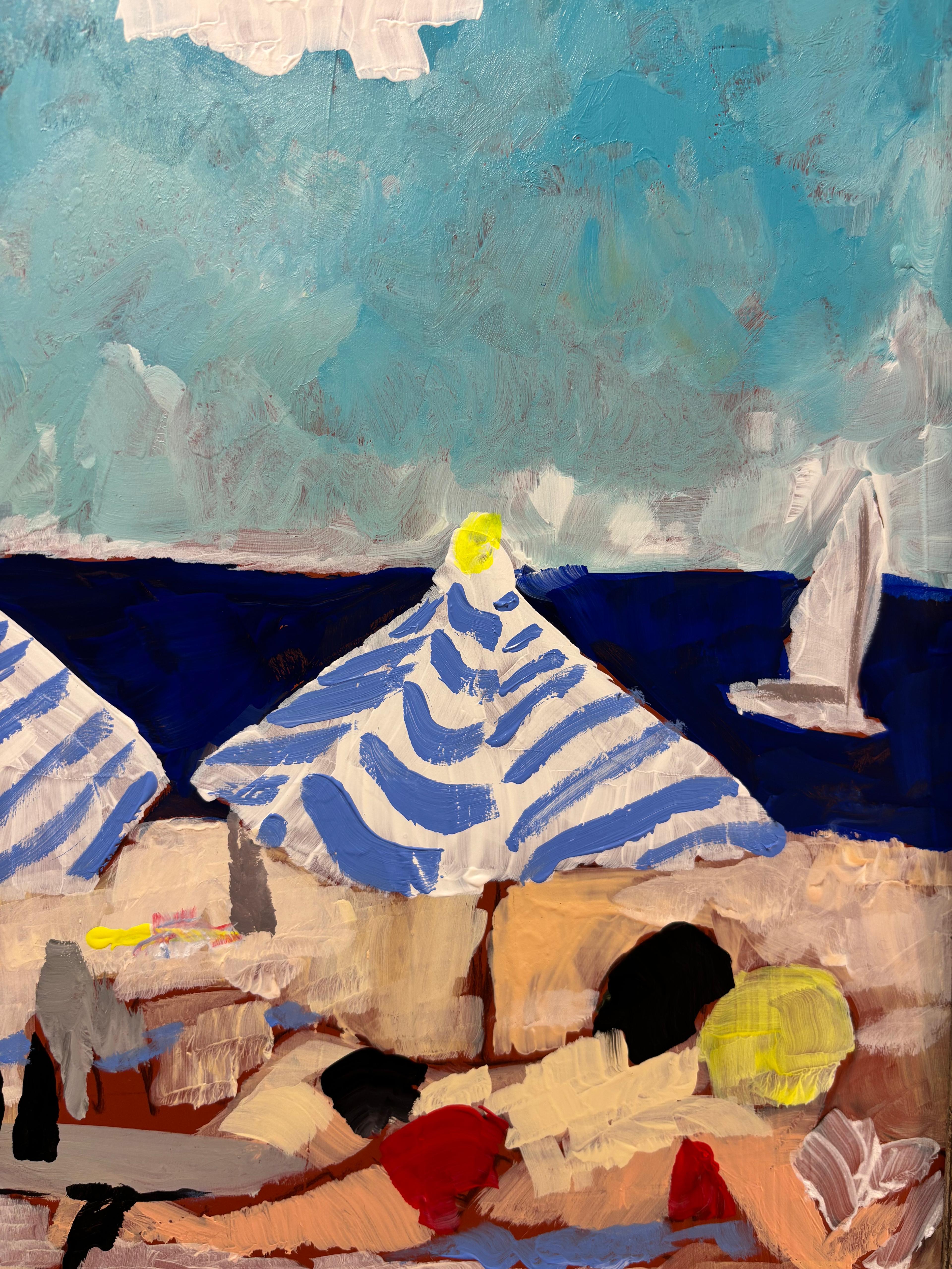 Plage de l'Hérault - Scena di spiaggia al sole, stile figurativo contemporaneo, G Mathias - Landscape Painting Marrone di Grégoire Mathias