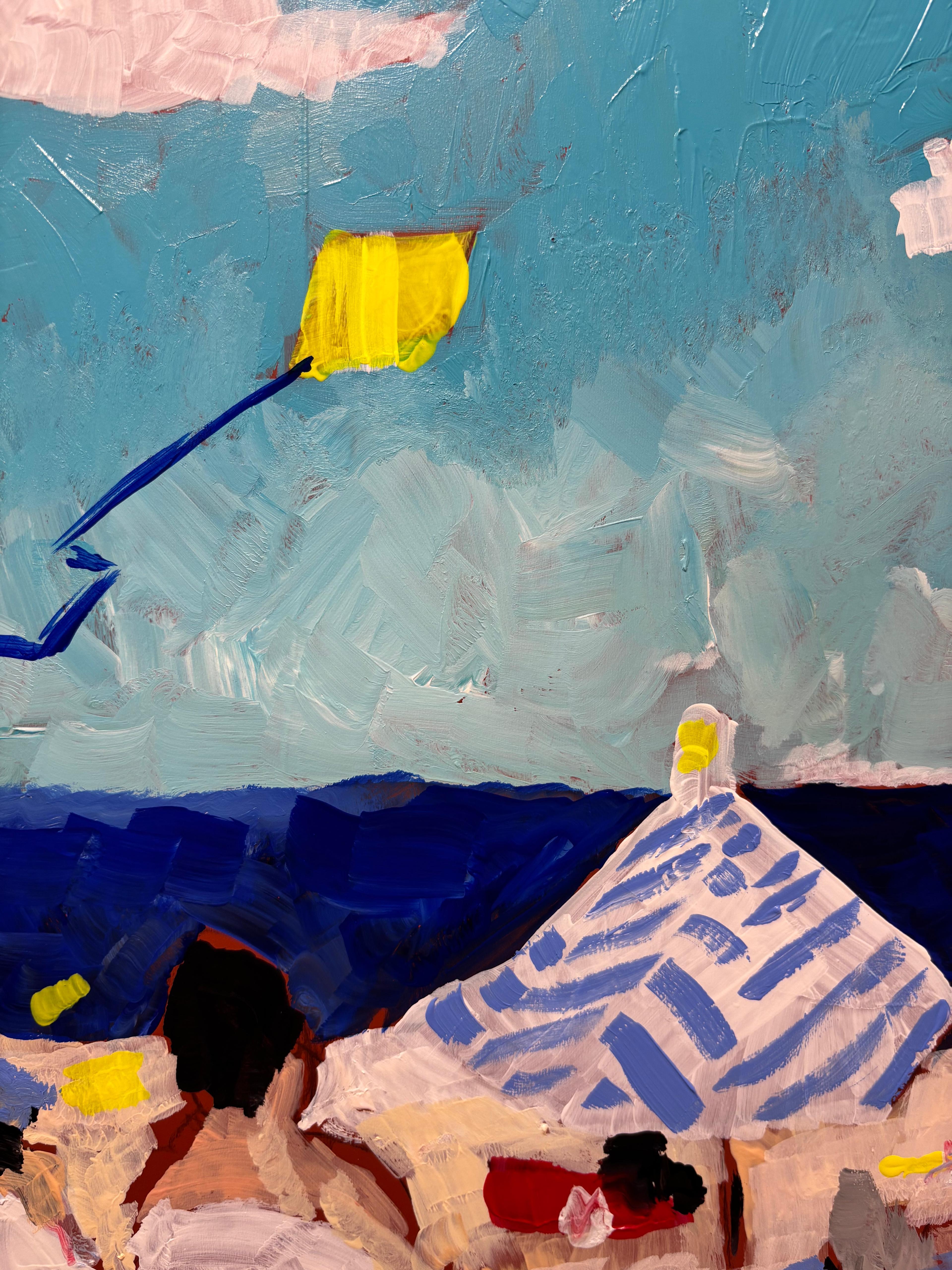 Spiaggia dell'Hérault 
51 x 43 cm
Acrilico su tela

Plage de l'Hérault di Grégoire Mathias cattura l'atmosfera rilassata e solare di una spiaggia mediterranea. Le figure si rilassano sotto gli ombrelloni a strisce blu, godendosi il calore della