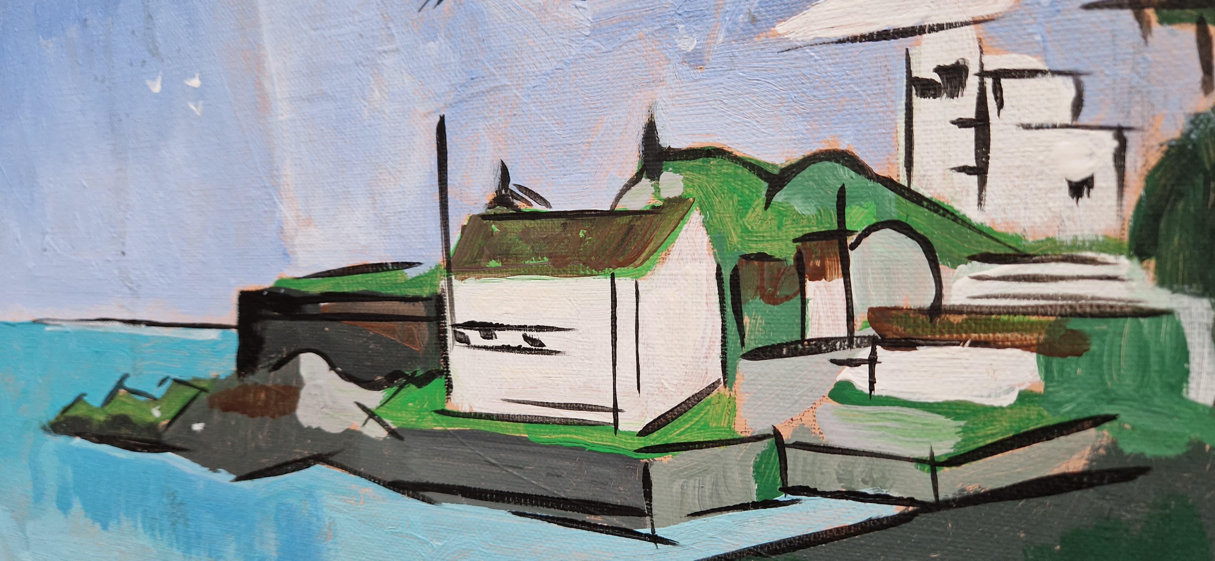 Sandycove I von Greg Mathias - Irisches Küstendorf im modernen Kubismus im Angebot 8