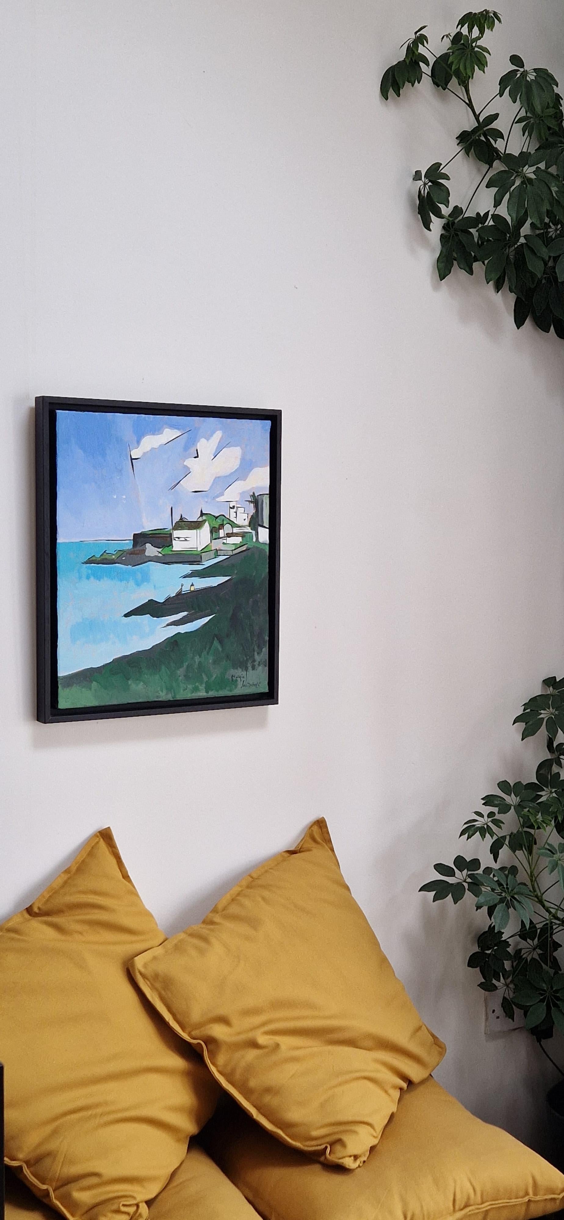 Sandycove I von Greg Mathias - Irisches Küstendorf im modernen Kubismus im Angebot 1