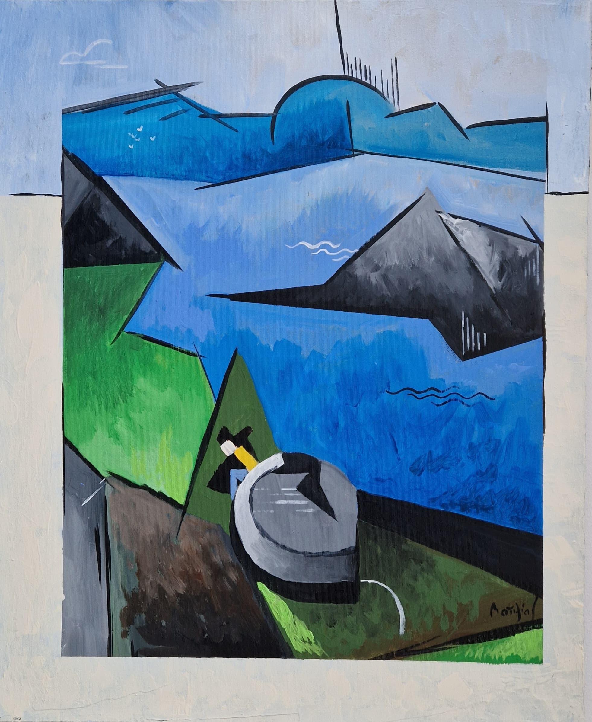 Skellig Michael 
Acrilico su tela	
61 x 50.5 cm

Una straordinaria interpretazione cubista moderna dell'iconico Skellig Michael d'Irlanda, che unisce linee nette e colori audaci in una vibrante scena costiera.

Skellig Michael di Greg Mathias offre