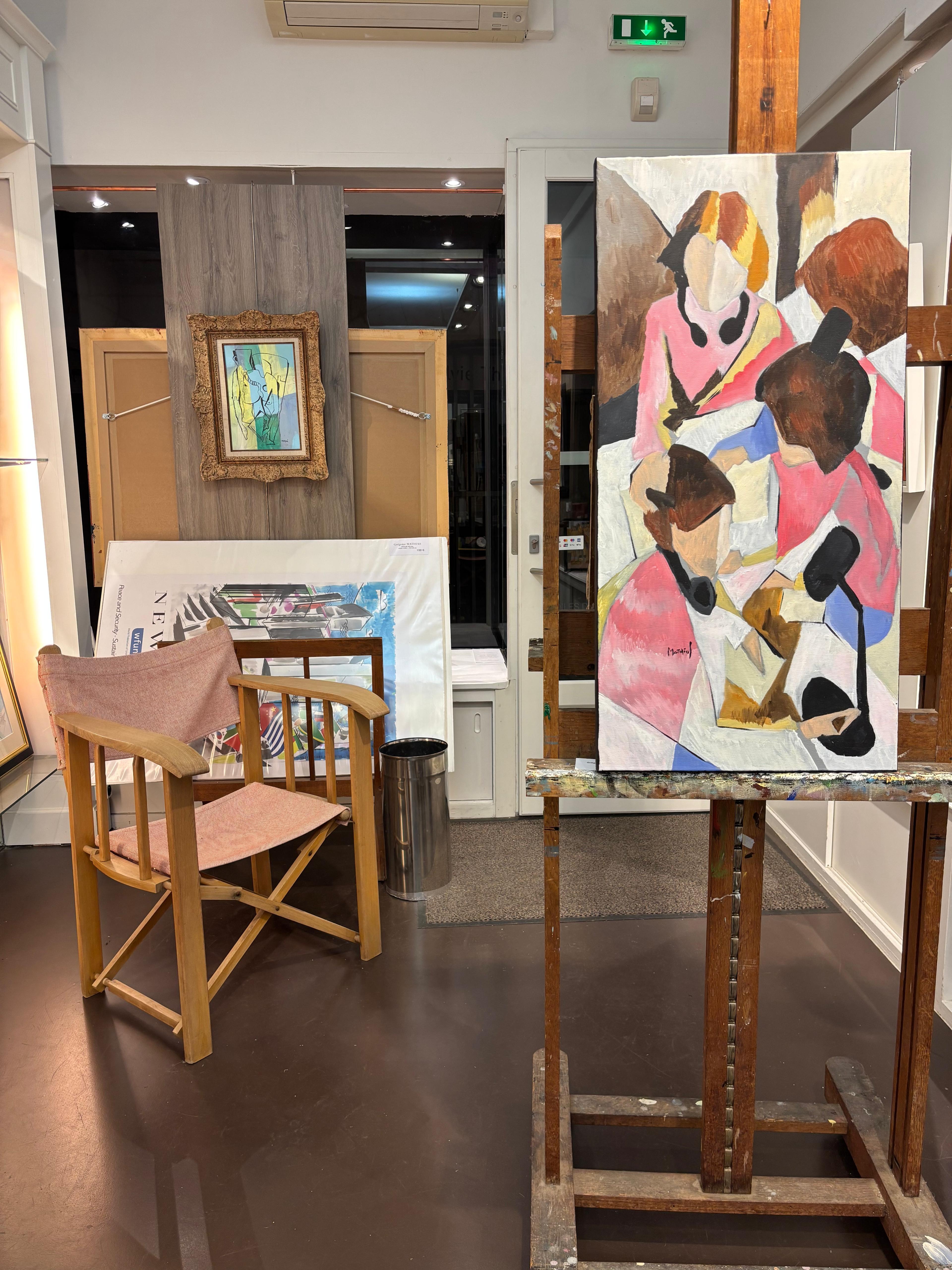 Soirée Philosophique by G Mathias – Cubist Reflection on Intellectual Discourse - Gray Figurative Painting by Grégoire Mathias