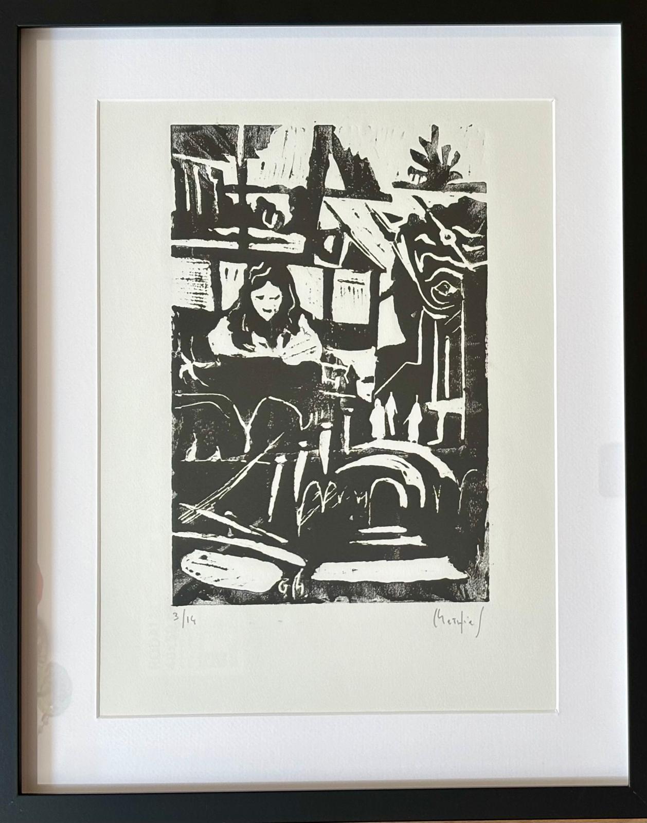 This linocut represents an indoor scene in a checkerboard composition, capturing a moment the artist spent with his daughter while she was studying in a coffee shop overlooking the Irish sea in Blackrock, near Dublin, Ireland. It features Alice,
