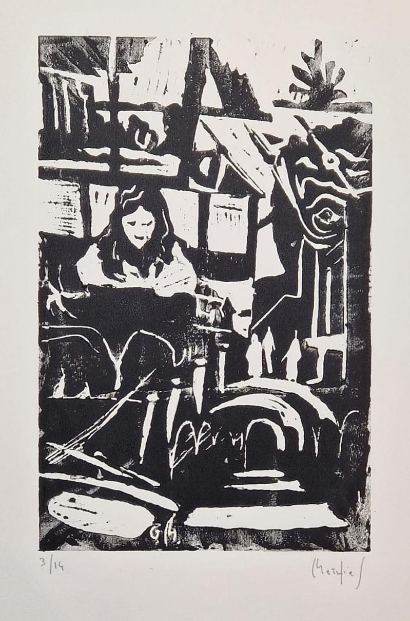 "Alice y Yeats" - Impresión monocroma en linograbado, 2023