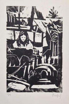 "Alice and Yeats" - Monochrome Linocut Print, 2023