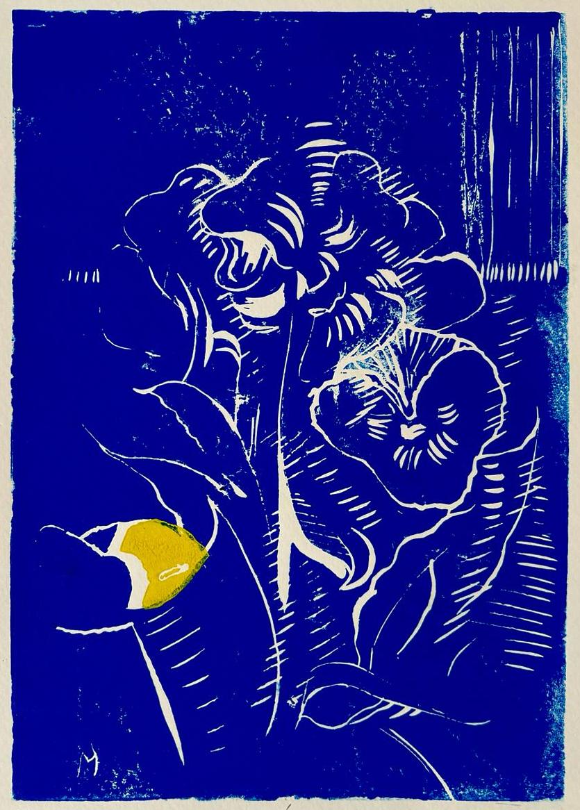 "Pensamientos (Les Pensées)" - Grabado en linograbado azul y dorado, 2023