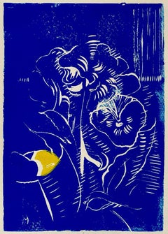 "Pansies (Les Pensées)" - Stampa linoleografica blu e oro, 2023