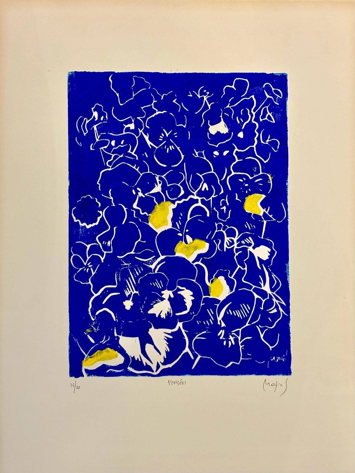 This linocut of cubist influence represents pansies flowers with golden touches on a deep blue background.

It was recently exhibited in Dublin, alongside other prints and paintings from Mathias' Irish, Italian and French inspired work (featuring